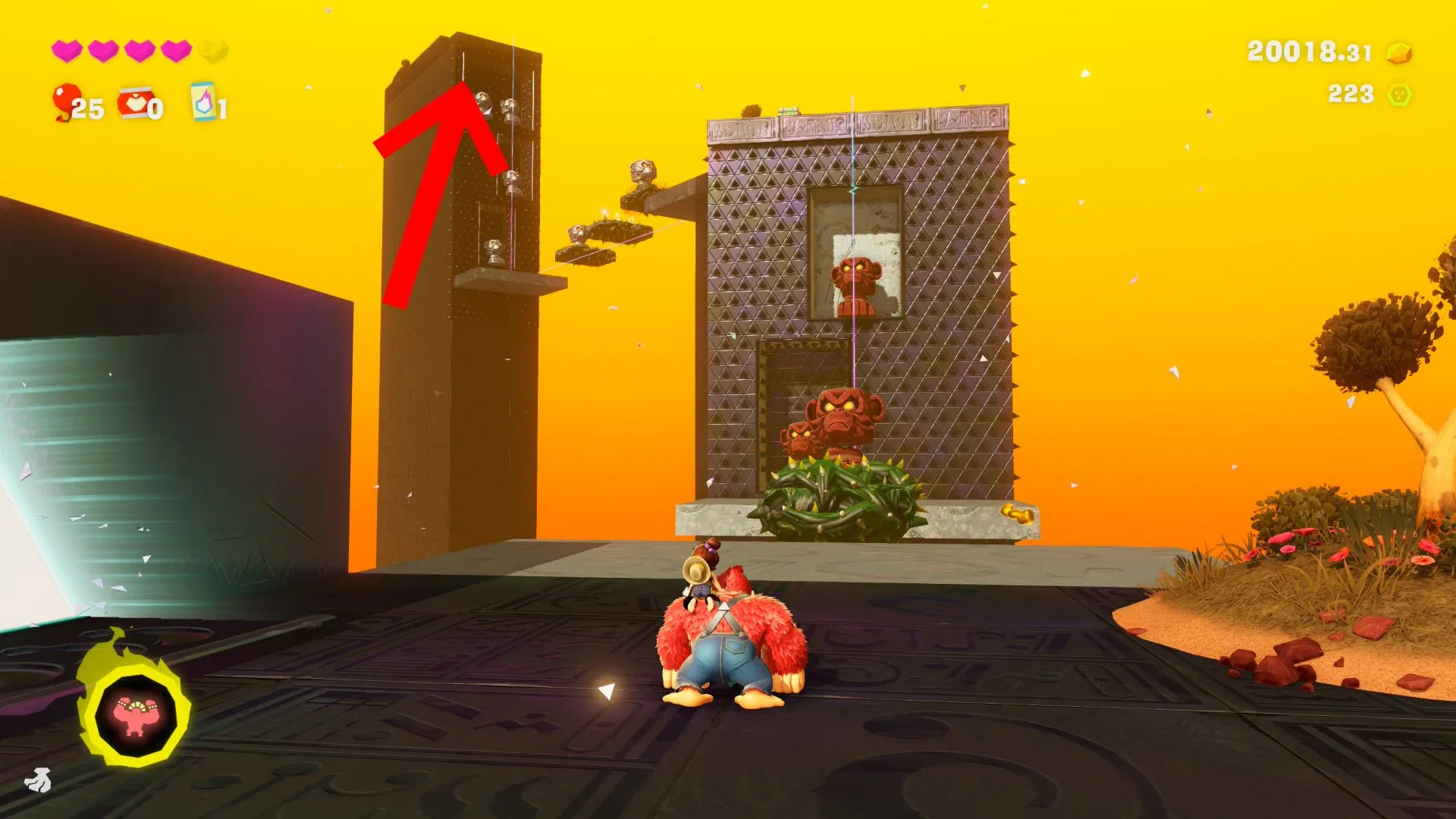 Donkey Kong chuẩn bị thu thập viên Banandium Gem cuối cùng tại điểm kết thúc đầy thử thách của màn Stompy Ascent