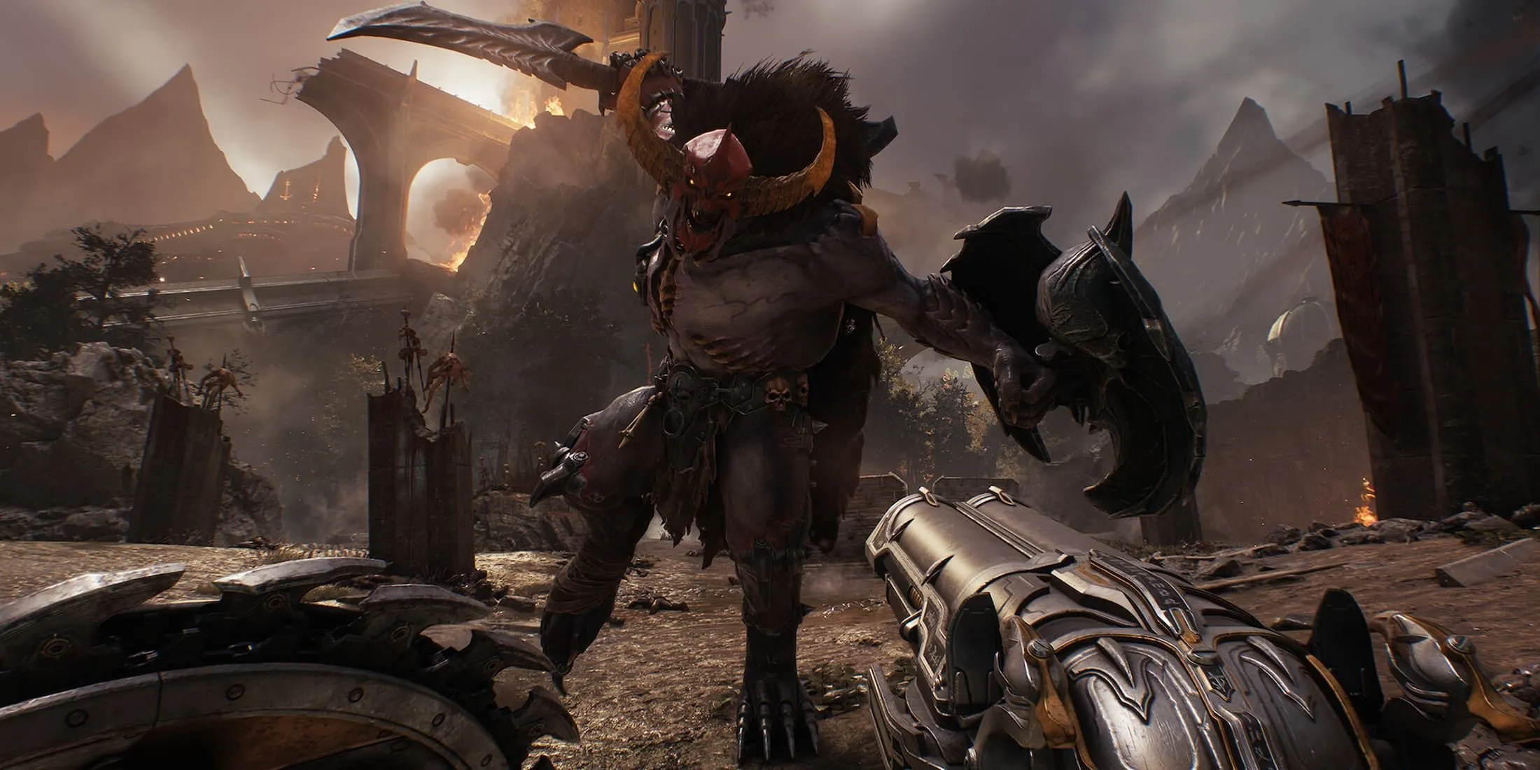 Doom Slayer sử dụng khiên và Super Shotgun trong bối cảnh tăm tối của Doom: The Dark Ages