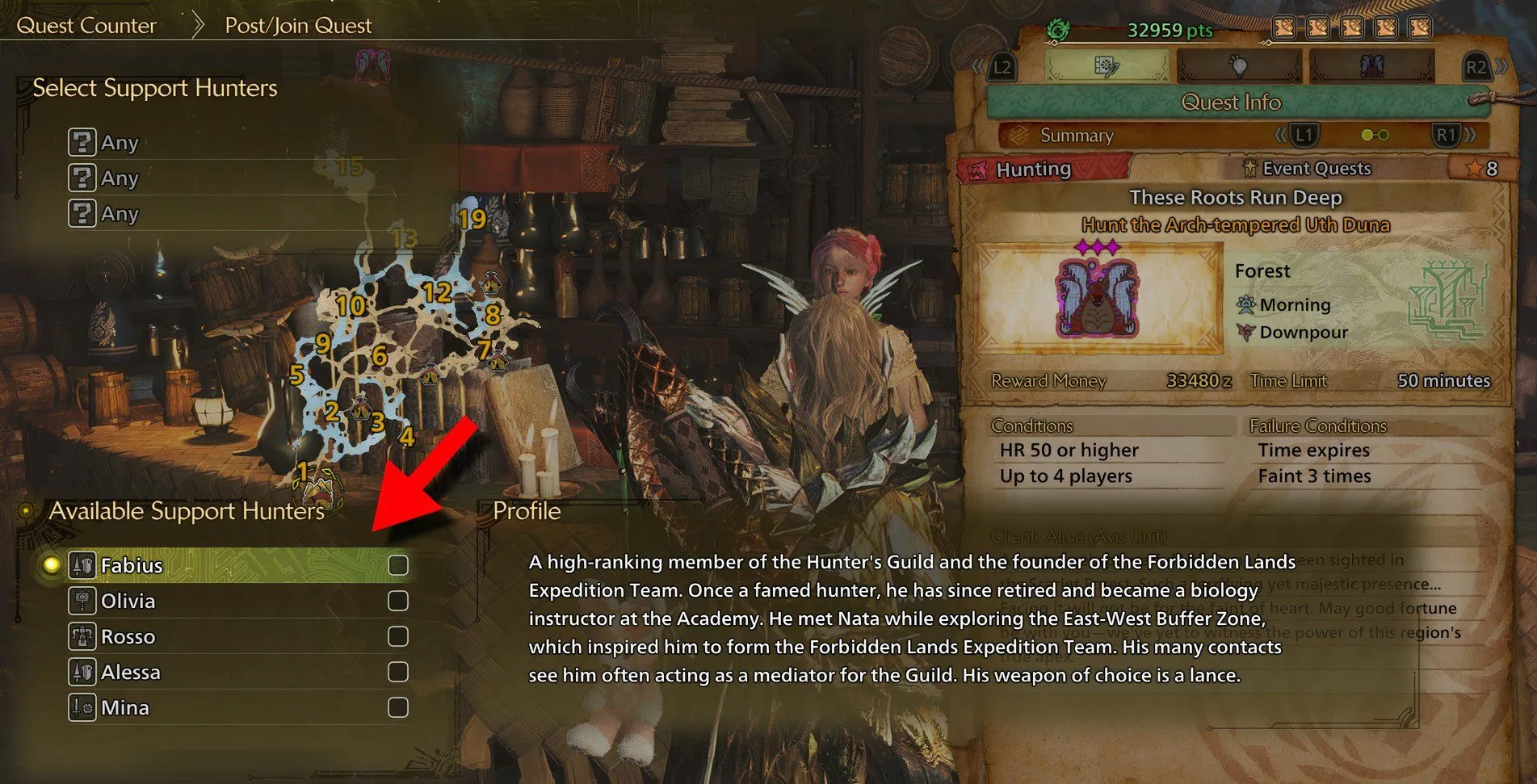Fabius, Thủ lĩnh Hội Thợ Săn, với vũ khí Thương trong màn hình chọn đồng đội Monster Hunter Wilds.