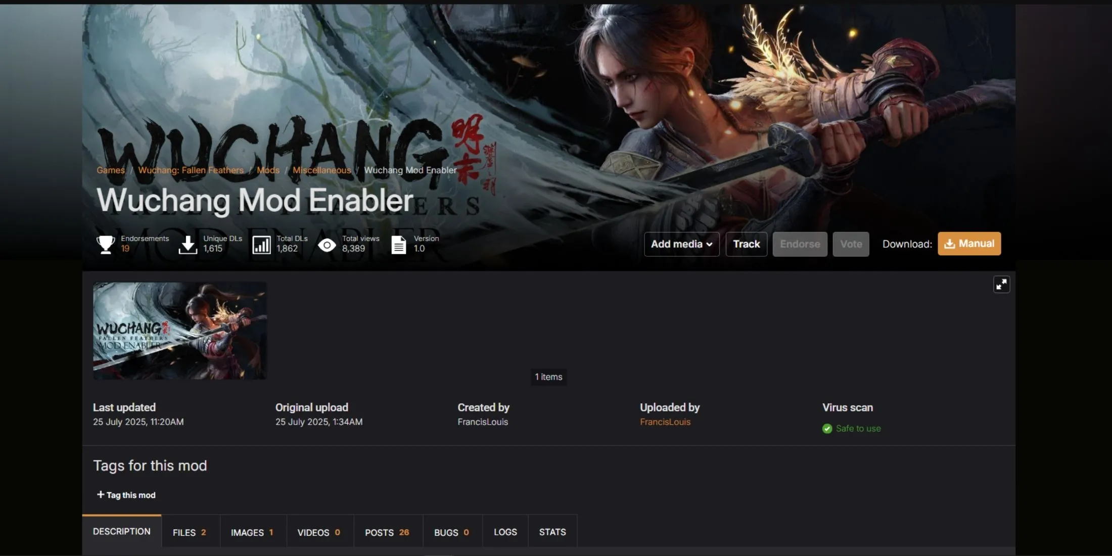 Giao diện công cụ Wuchang Mod Enabler, công cụ thiết yếu để cài đặt và kích hoạt các bản mod cho Wuchang Fallen Feathers, giúp tùy chỉnh trải nghiệm chơi game.