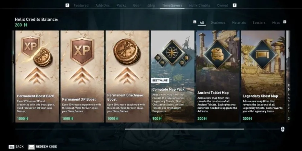 Giao diện cửa hàng microtransaction trong game Assassin's Creed Odyssey, minh họa cho việc mua vật phẩm ảo.