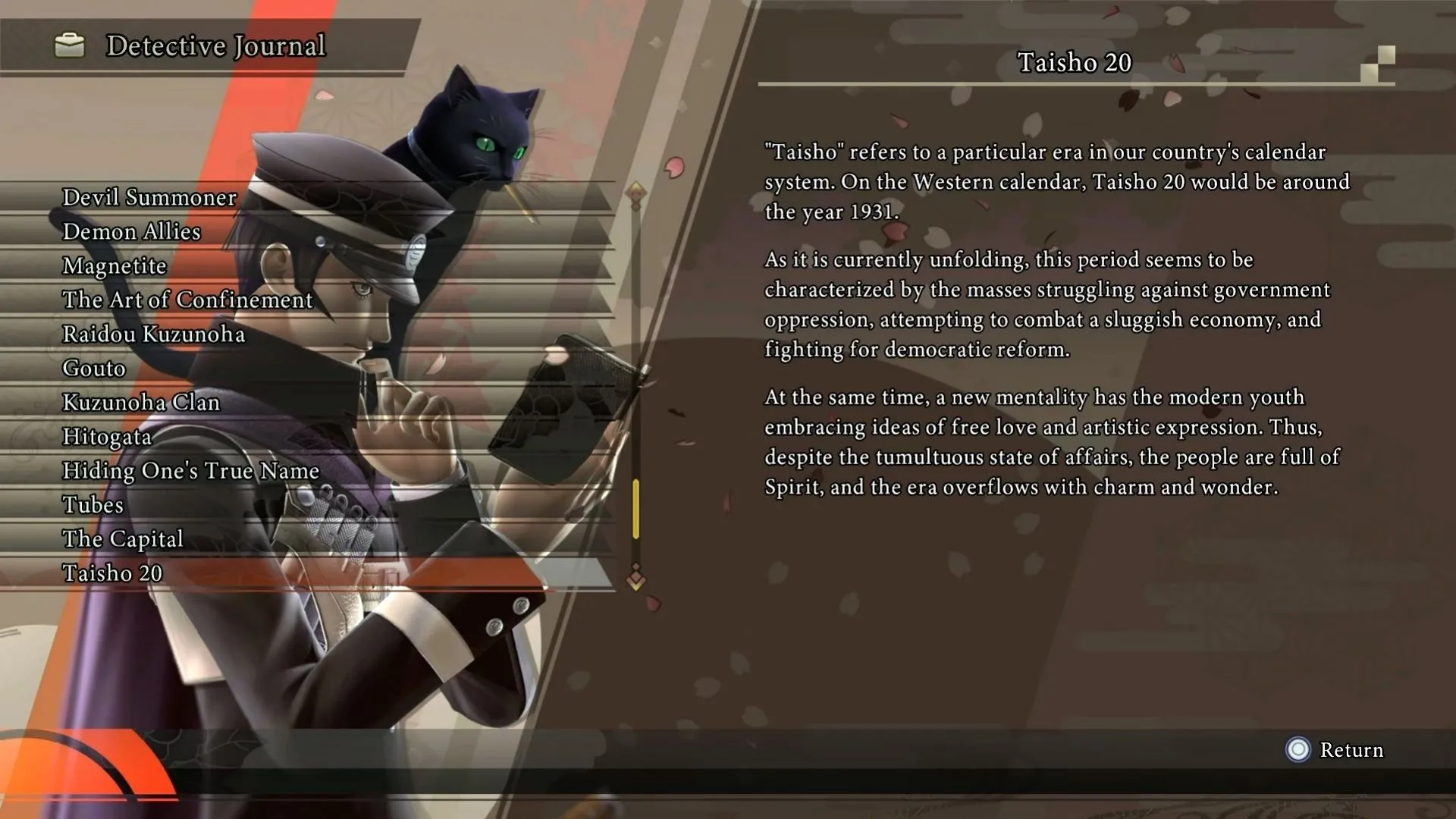 Giao diện Nhật ký Thám tử (Detective Journal) ghi lại sự kiện và nhân vật trong RAIDOU Remastered