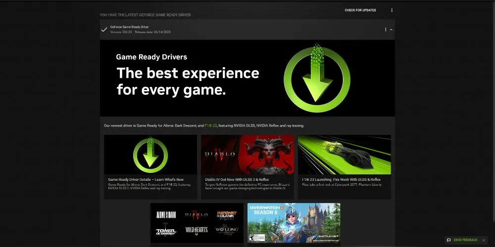 Giao diện phần mềm NVIDIA GeForce Experience hiển thị cập nhật driver card đồ họa, vấn đề thường gặp khi chơi game PC.