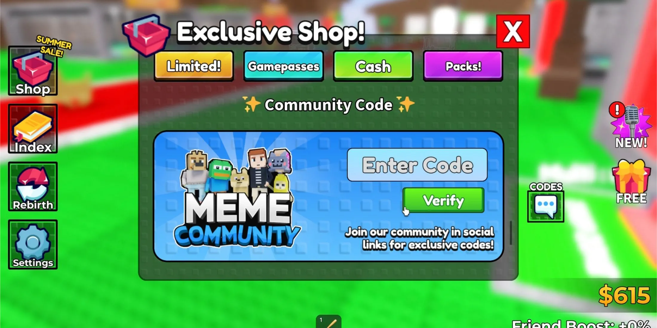 Giao diện tab nhập code Steal a Meme rõ ràng trong cửa hàng game, nơi game thủ điền mã để nhận Cash và phần thưởng.