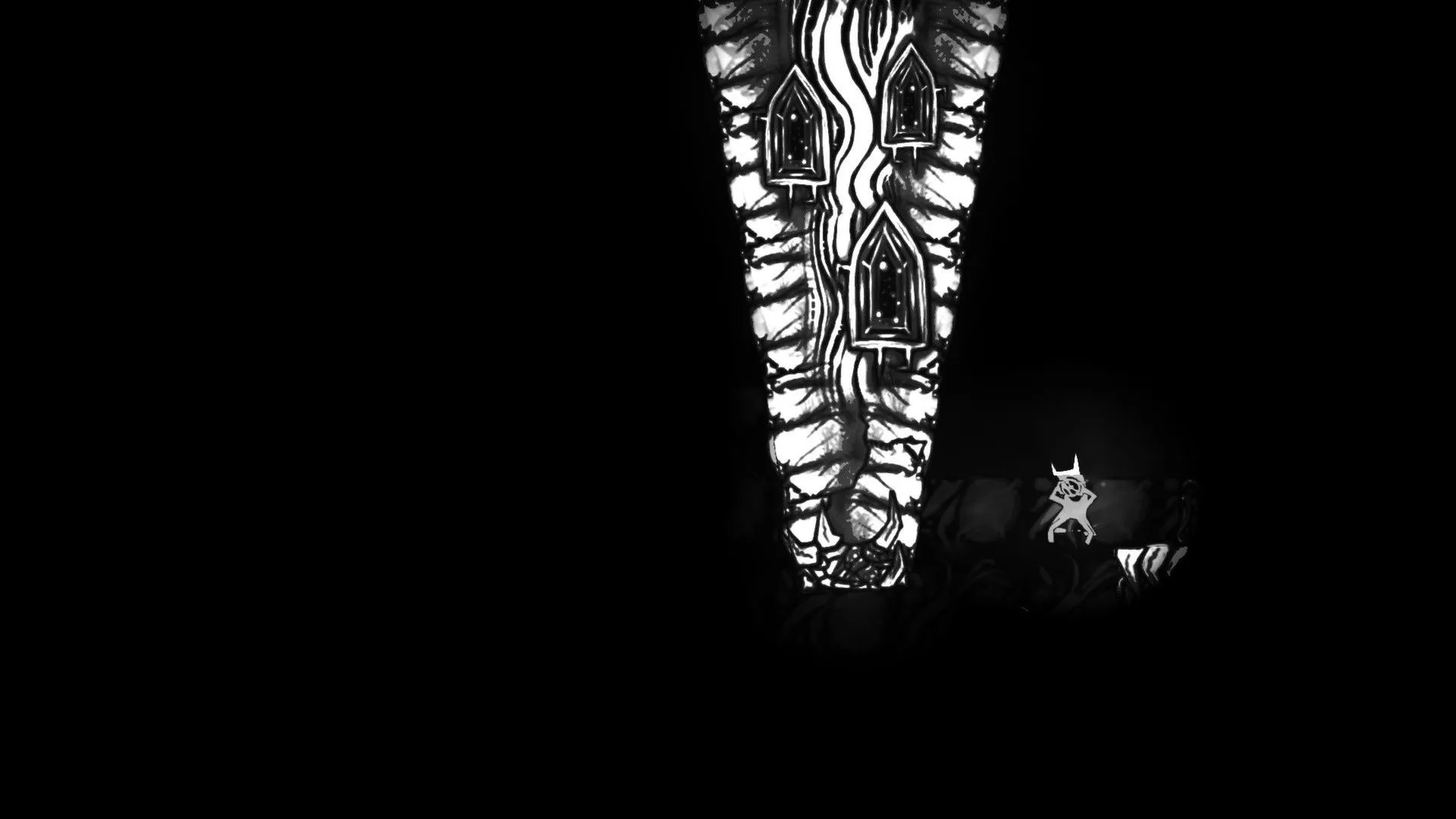 Góc nhìn cận cảnh một màn chơi trong game Closure, nơi người chơi phải sử dụng ánh sáng để vượt qua các chướng ngại vật trong môi trường đen trắng