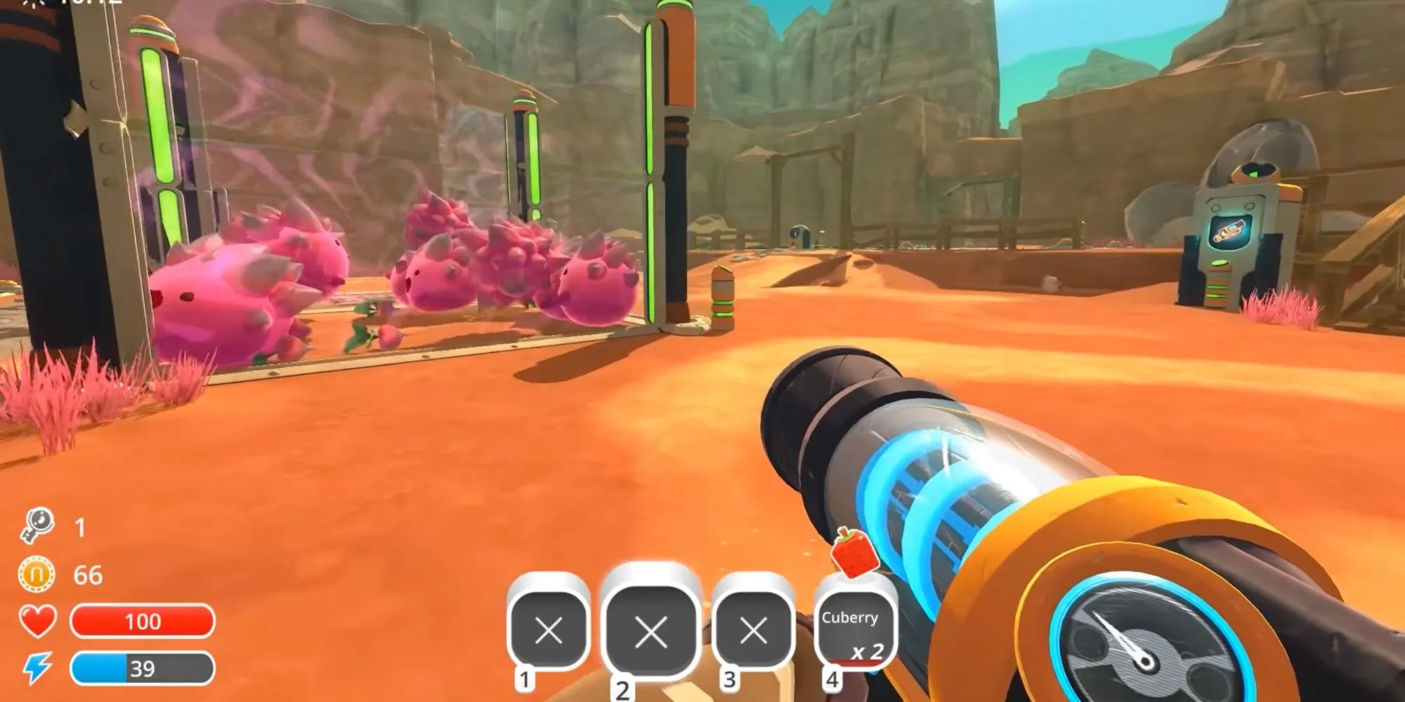 Góc nhìn thứ nhất khi ngắm bắn các slime đáng yêu trong game Slime Rancher