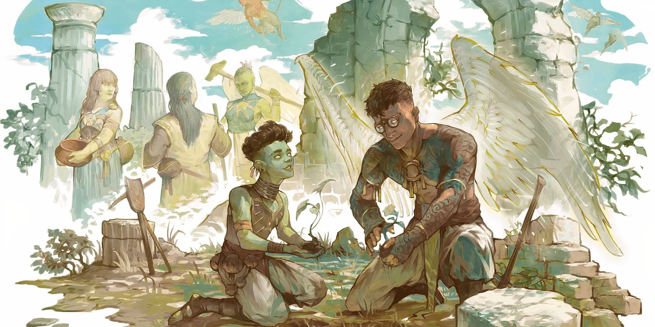 Hai Aasimar trò chuyện trong Dungeons &amp; Dragons, minh họa sự tương tác giữa người chơi và các NPC thân thiện.