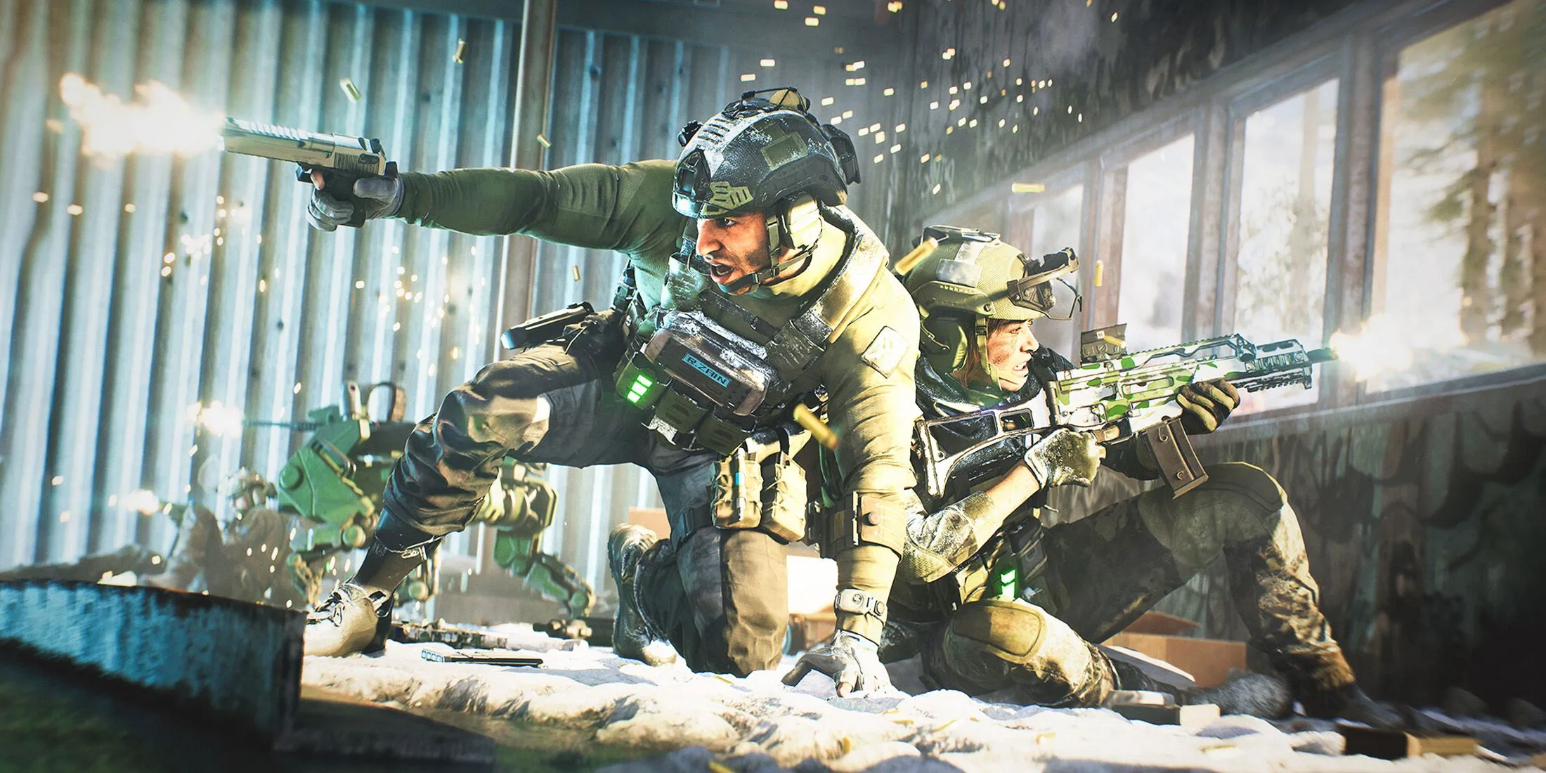Hai đặc nhiệm ẩn nấp trong Battlefield 2042, minh họa môi trường chiến đấu và bối cảnh game