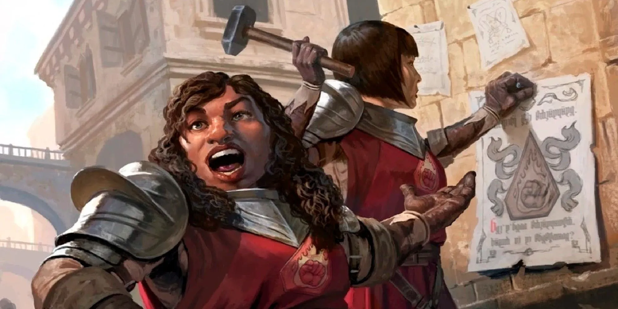 Hai thành viên Flaming Fist dán áp phích tuyển dụng ở một khu phố D&amp;D, cho thấy hoạt động của lực lượng an ninh.