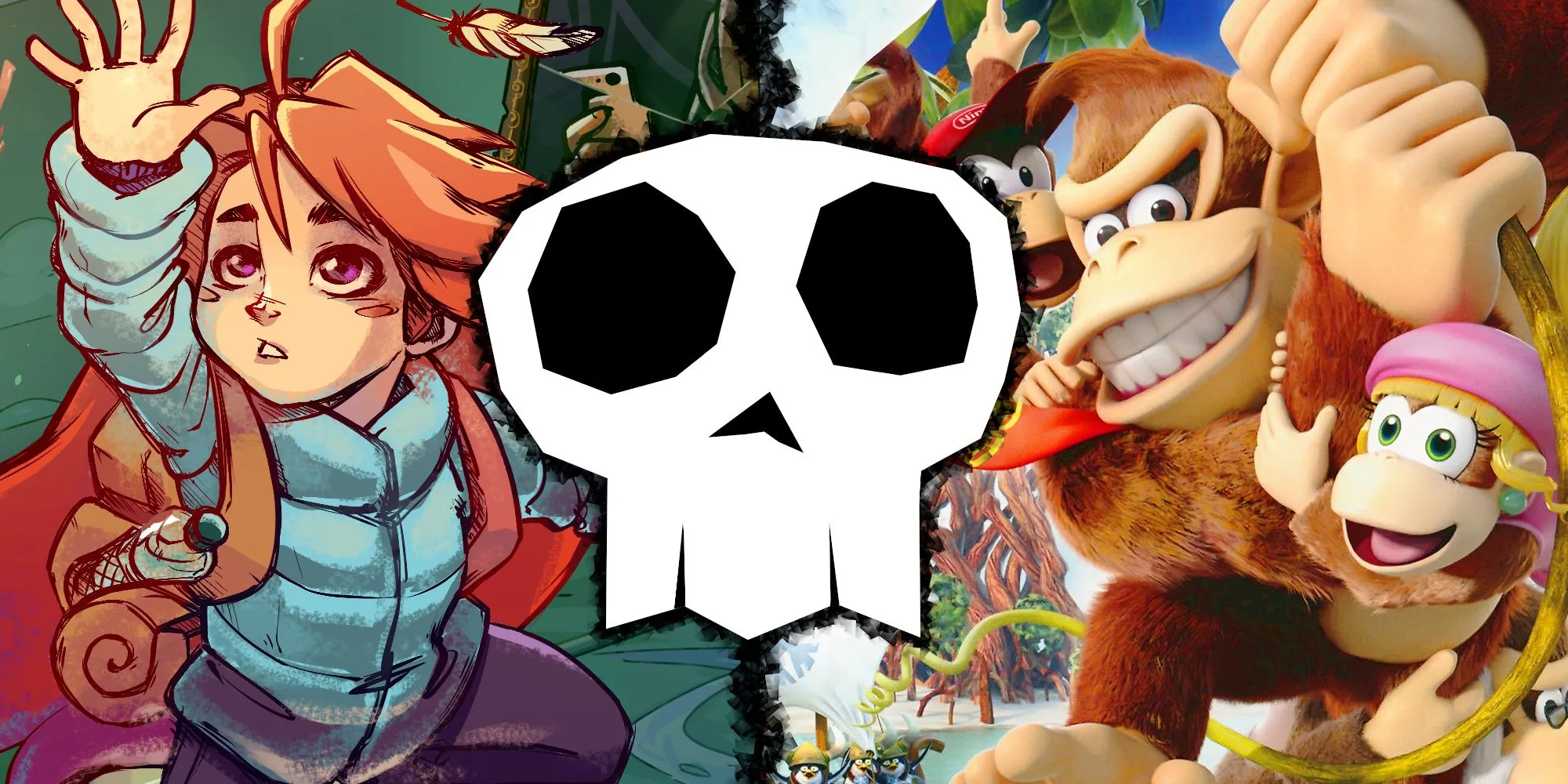 Hardest Platformers with No Combat Thumbnail, featuring Madeline from Celeste and Donkey Kong in Tropical Freeze