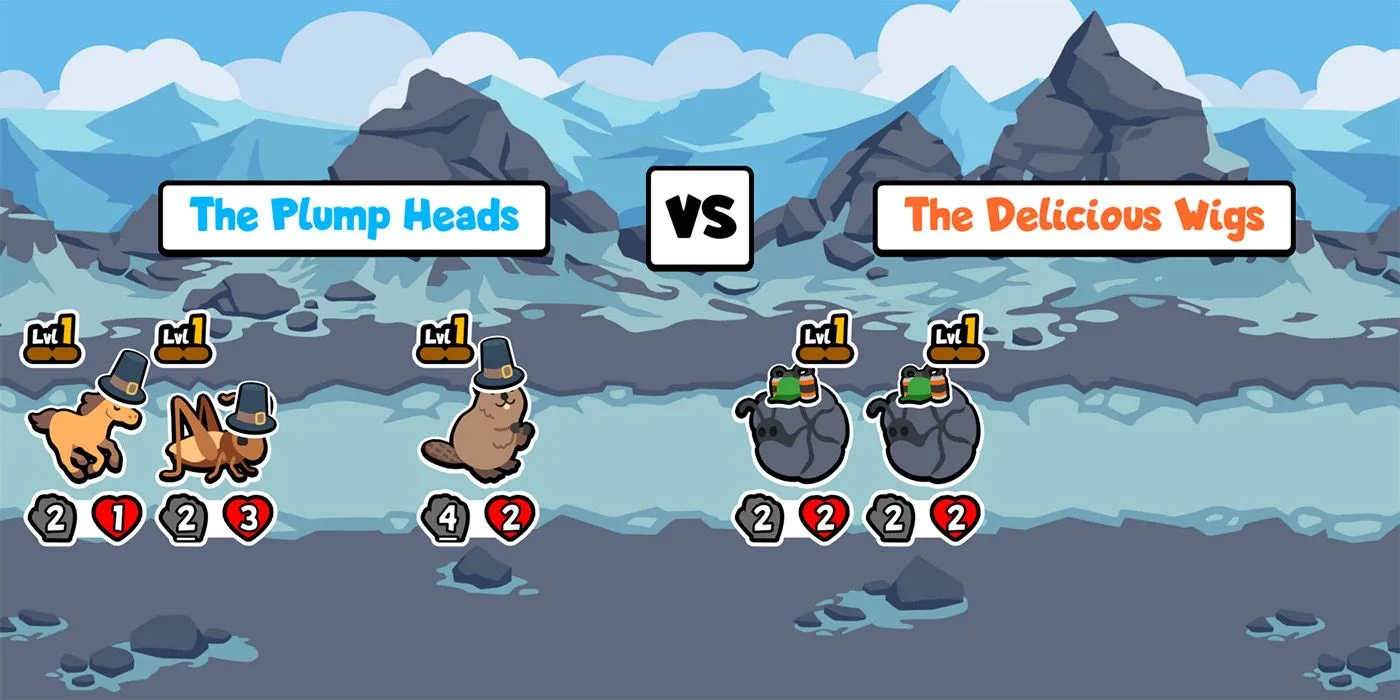 Hình ảnh các thú cưng đáng yêu trong giao diện chiến đấu của game Super Auto Pets