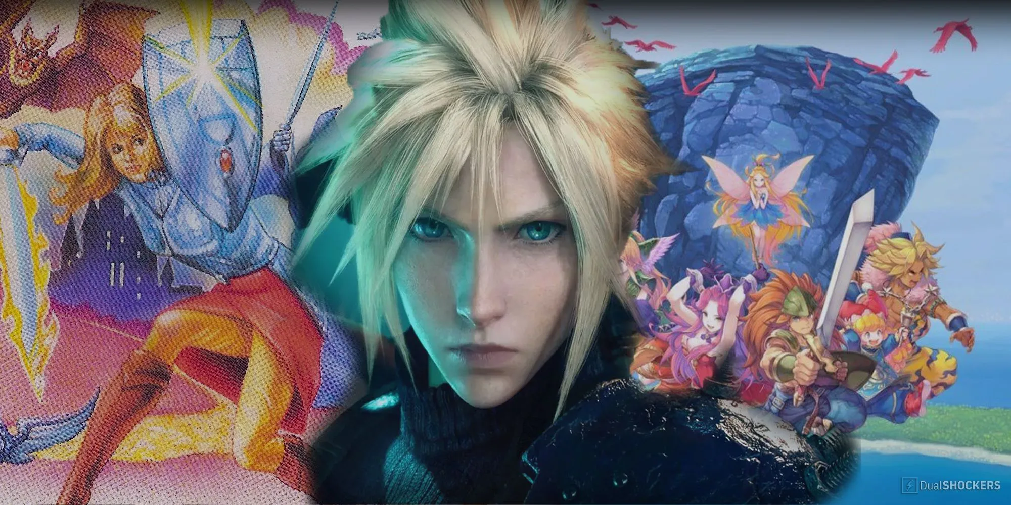 Hình ảnh cắt dán các bản remake RPG cổ điển hay nhất (Phantasy Star, Final Fantasy 7, Trials of Mana) với phong cách đồ họa 2D và 3D kết hợp
