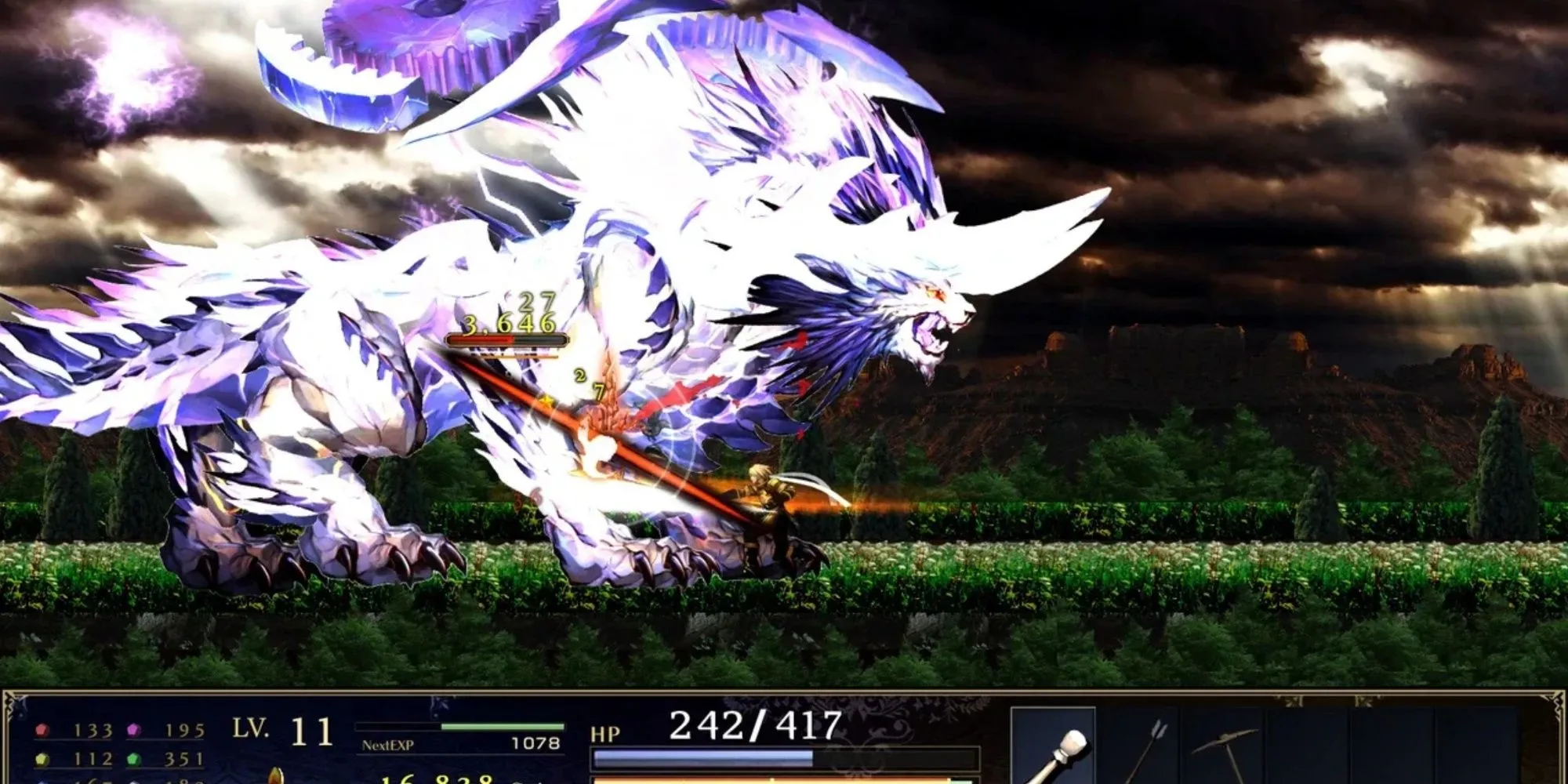 Hình ảnh game Astlibra Revision, hiển thị nhân vật chính chiến đấu trong môi trường 2D side-scrolling với đồ họa chi tiết