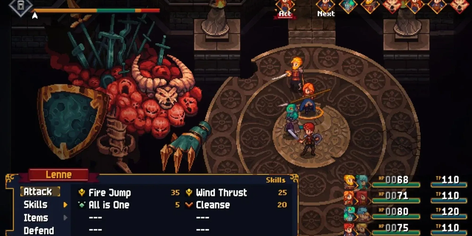 Hình ảnh game Chained Echoes với đồ họa pixel art phong cách cổ điển, hiển thị nhóm nhân vật trên một đỉnh núi nhìn ra cảnh quan rộng lớn