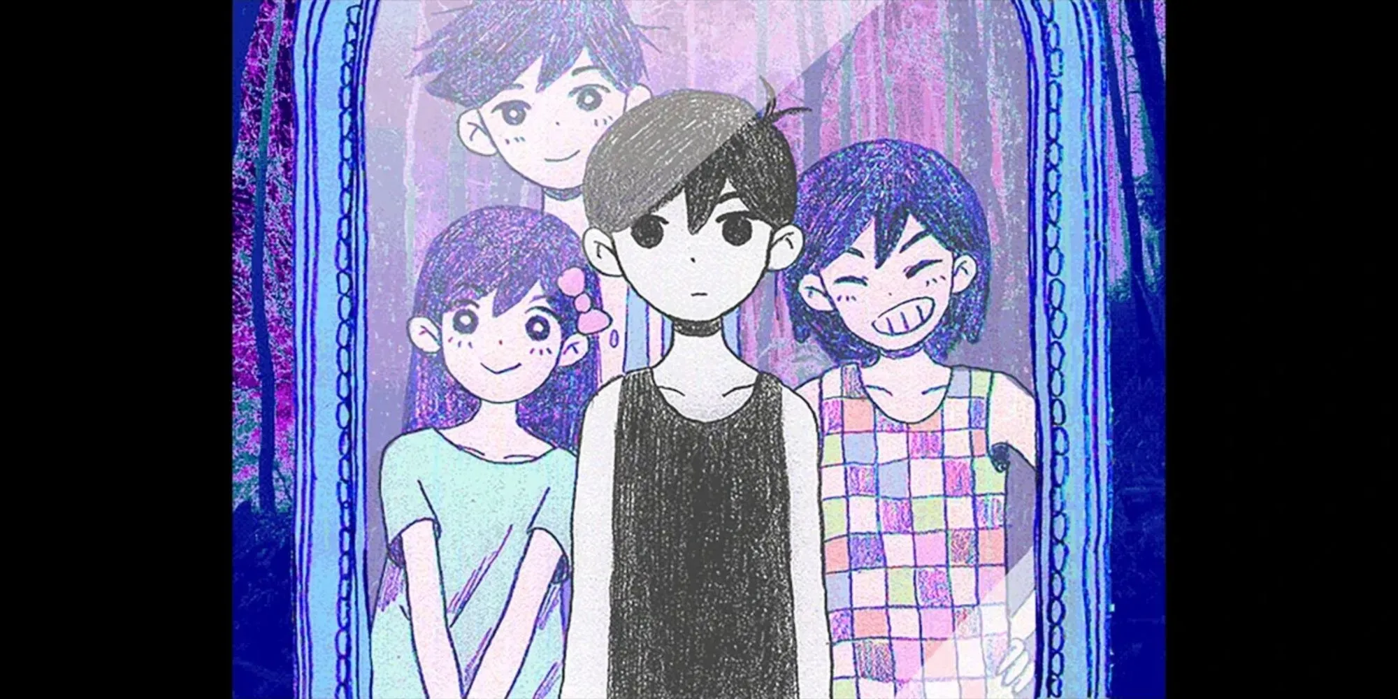 Hình ảnh game Omori với phong cách đồ họa vẽ tay và pixel art tối giản, hiển thị nhân vật Omori đứng giữa một căn phòng kỳ lạ