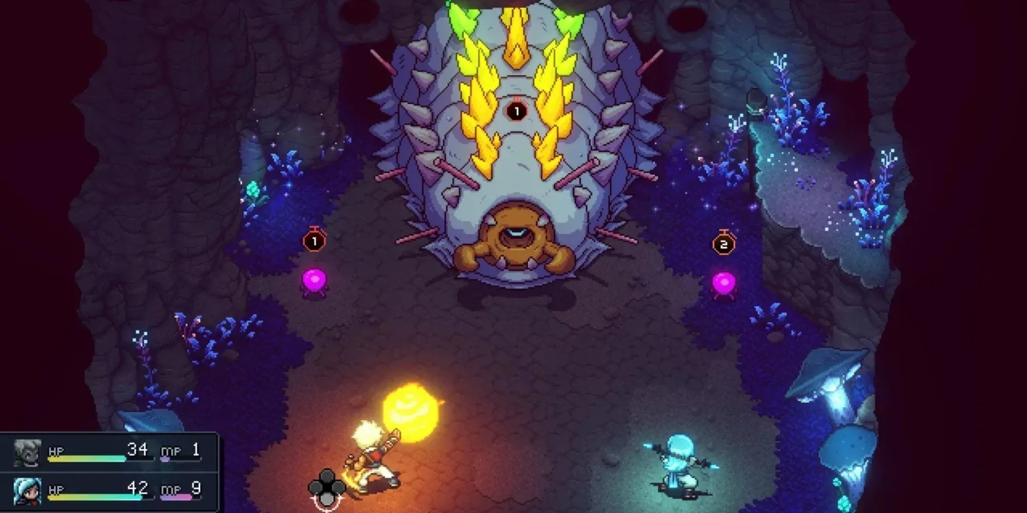 Hình ảnh game Sea of Stars với đồ họa pixel art chi tiết và màu sắc rực rỡ, hiển thị hai nhân vật chính trong một hang động