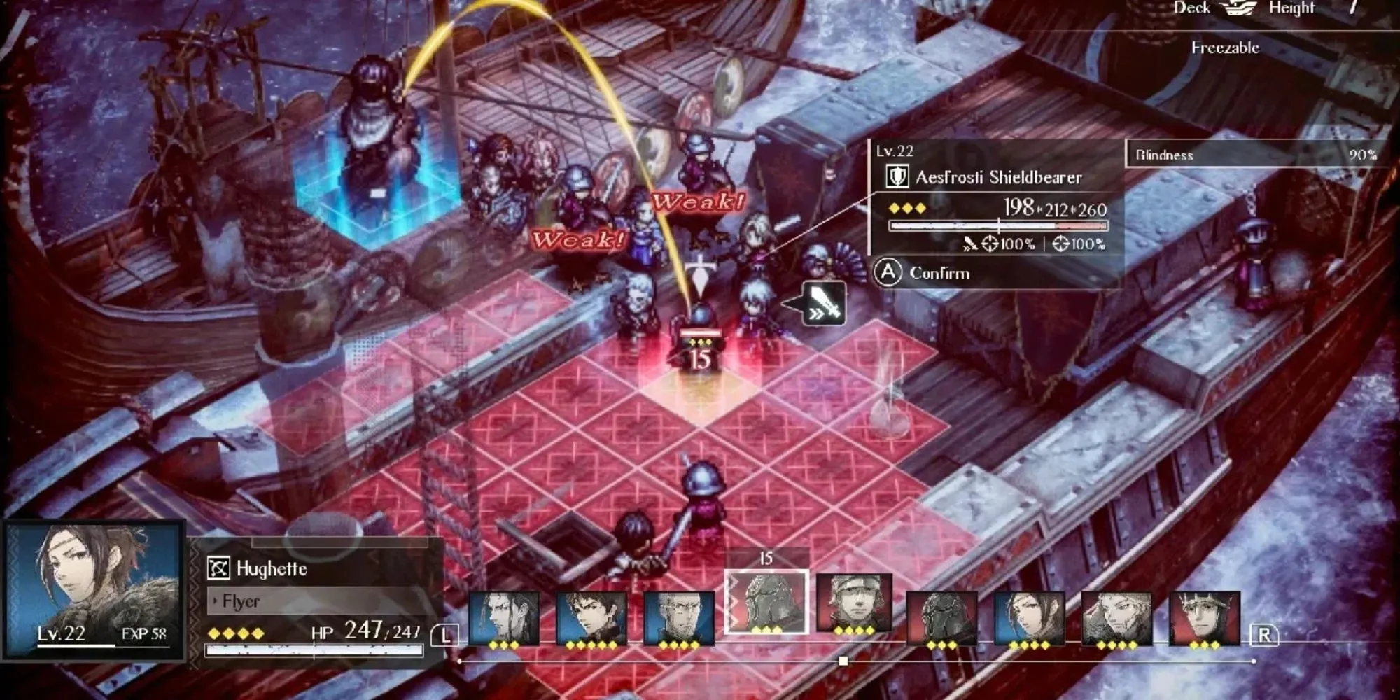 Hình ảnh game Triangle Strategy với phong cách đồ họa 2D HD, hiển thị các nhân vật pixel trên bản đồ chiến thuật