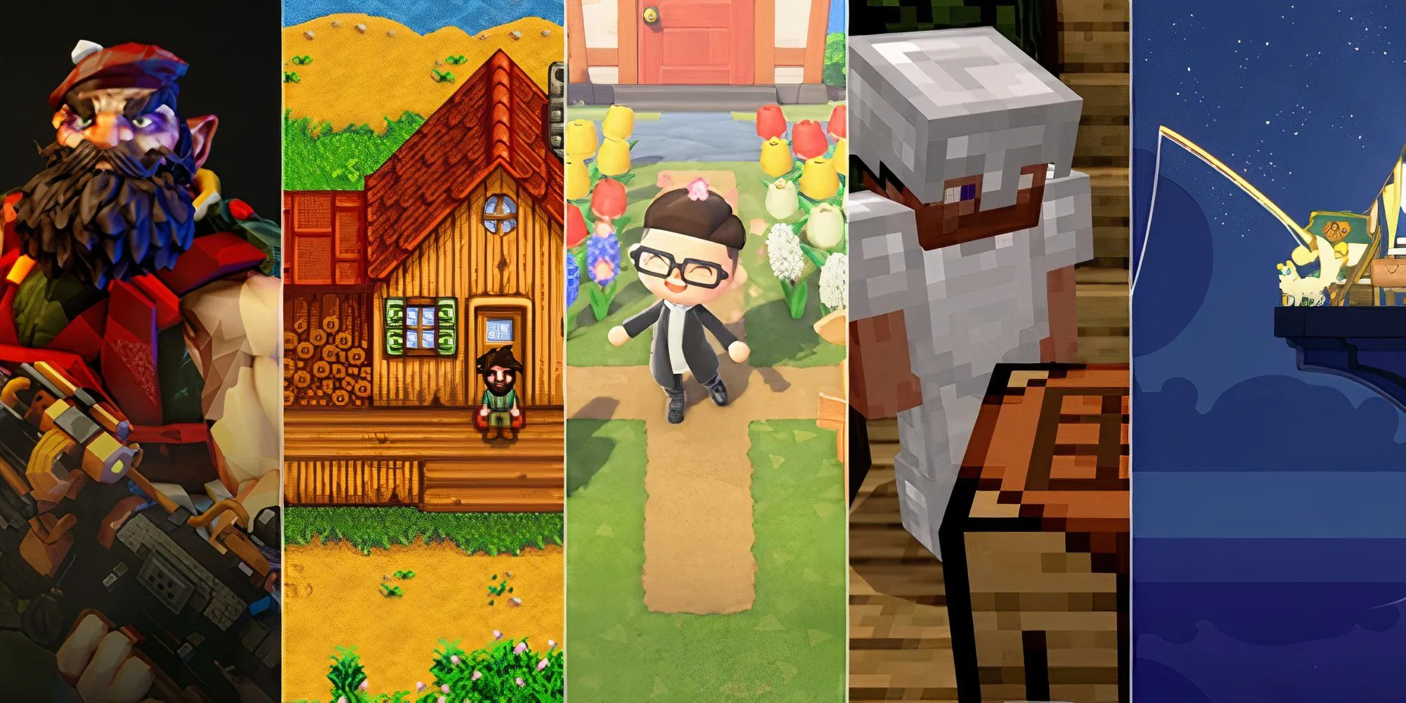 Hình ảnh minh họa các game cozy phổ biến như Deep Rock Galactic, Stardew Valley, Animal Crossing, Minecraft và Spiritfarer