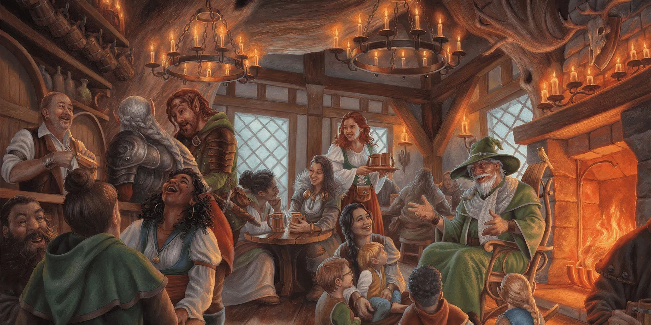 Hình ảnh một quán trọ Dungeons &amp; Dragons theo phong cách trung cổ, với ánh đèn ấm áp và những người khách đang tụ tập.