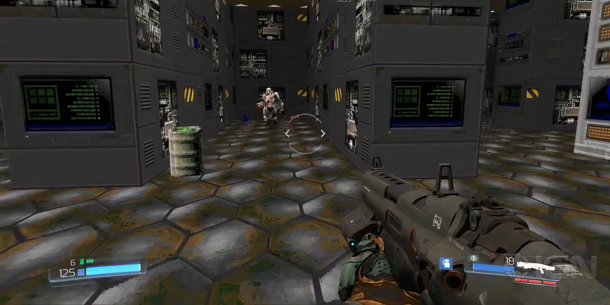 Hình ảnh người chơi trong Retro Level bí mật với đồ họa pixelated từ game DOOM (2016)