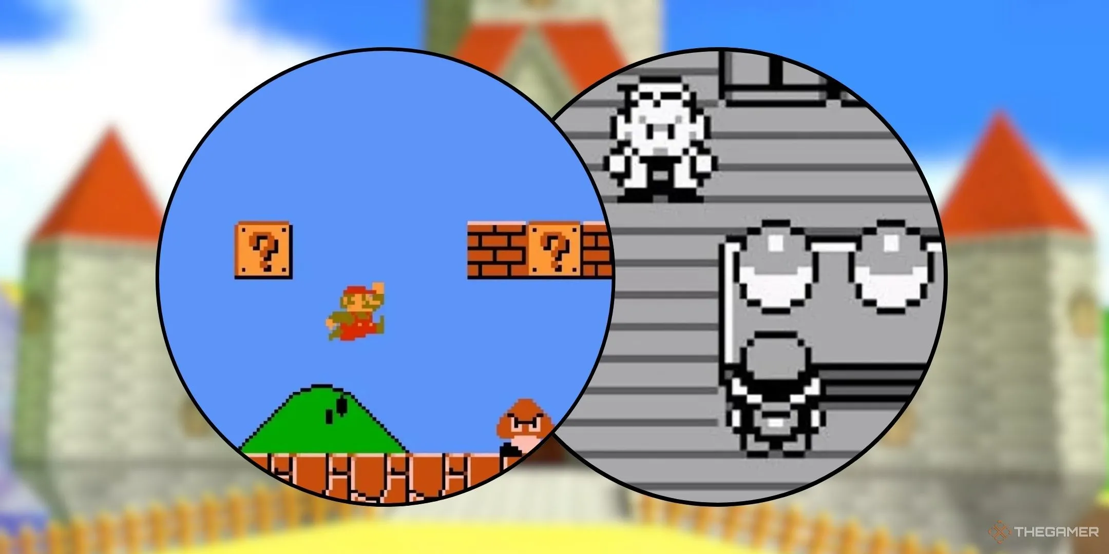Hình ảnh nổi bật với các phân cảnh game Super Mario Bros và Pokemon Red & Blue trong vòng tròn, nền là Vương quốc Nấm mờ ảo.