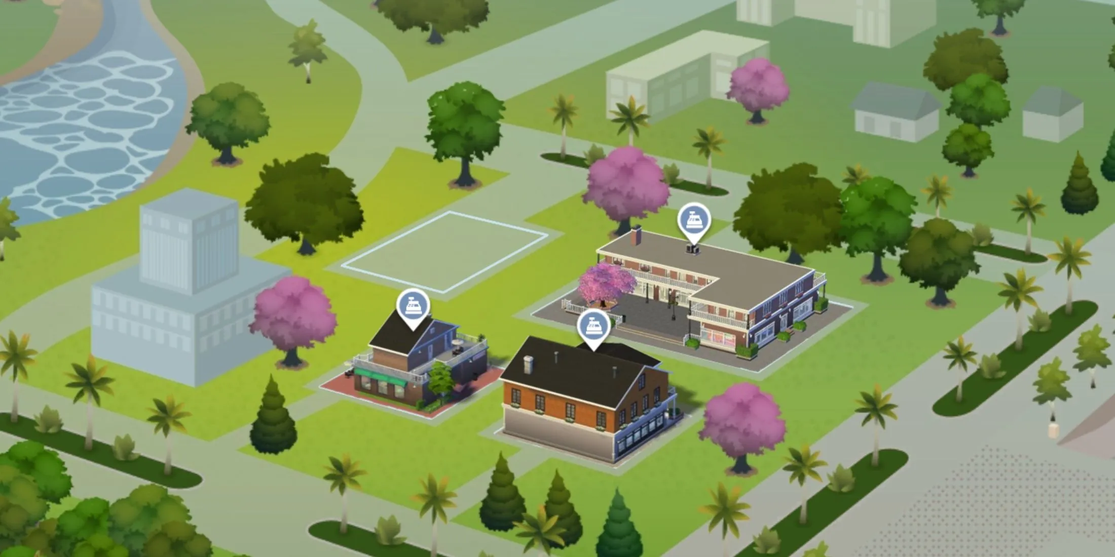 Khu phố Magnolia Promenade trong The Sims 4, được thiết kế chủ yếu cho các doanh nghiệp và cửa hàng trong gói Get To Work.