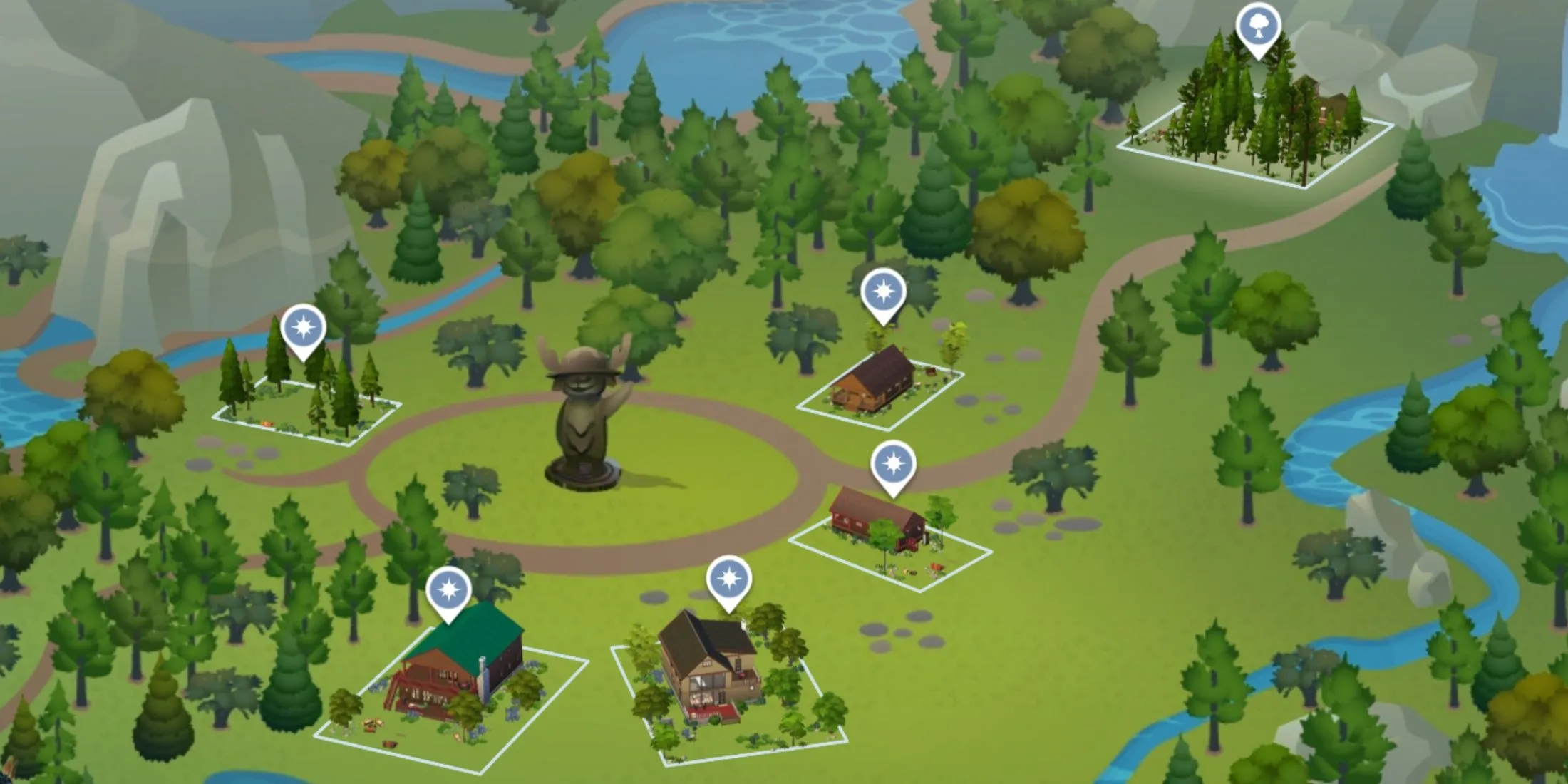 Khu rừng Granite Falls trong The Sims 4, một địa điểm nghỉ dưỡng yên bình với các hoạt động cắm trại và khám phá thiên nhiên.