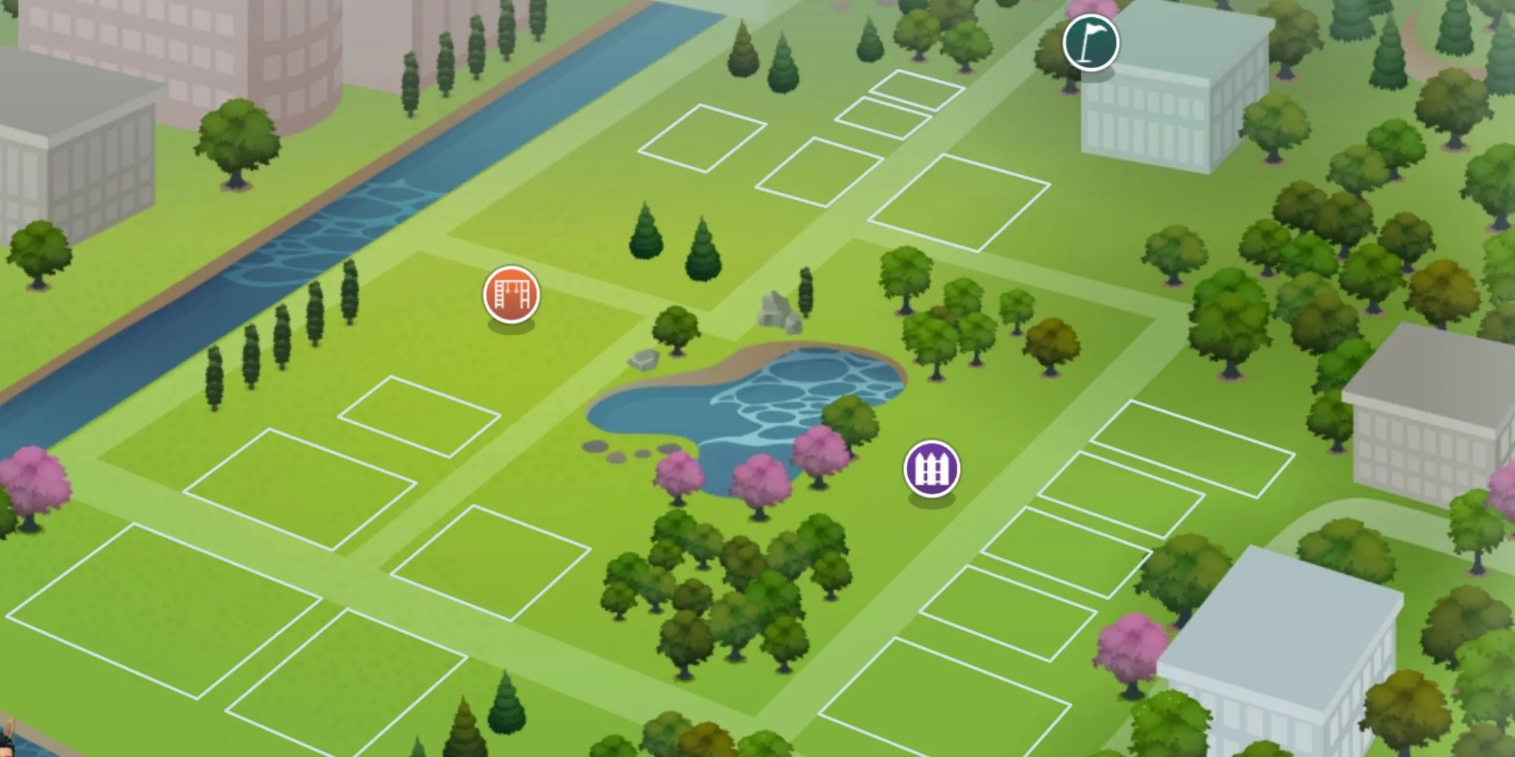 Khu vực Newcrest trong The Sims 4, một thế giới trống rỗng được thiết kế để người chơi tự do xây dựng và tùy chỉnh theo ý muốn.