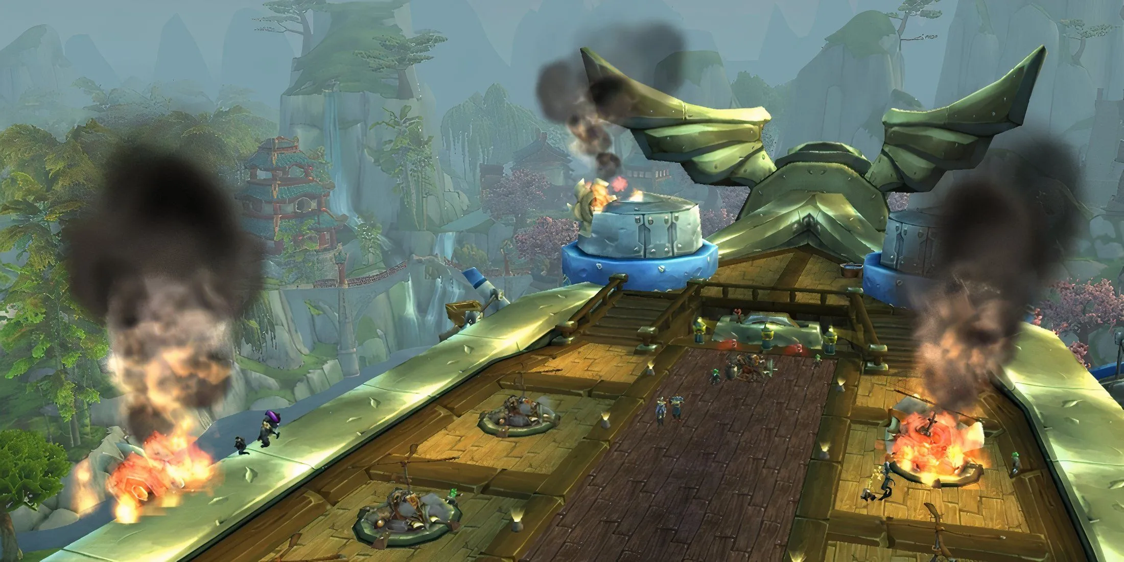 Khung cảnh chiến trường nhìn từ phi thuyền Skyfire của Alliance khi đối đầu với quân Horde ở Pandaria