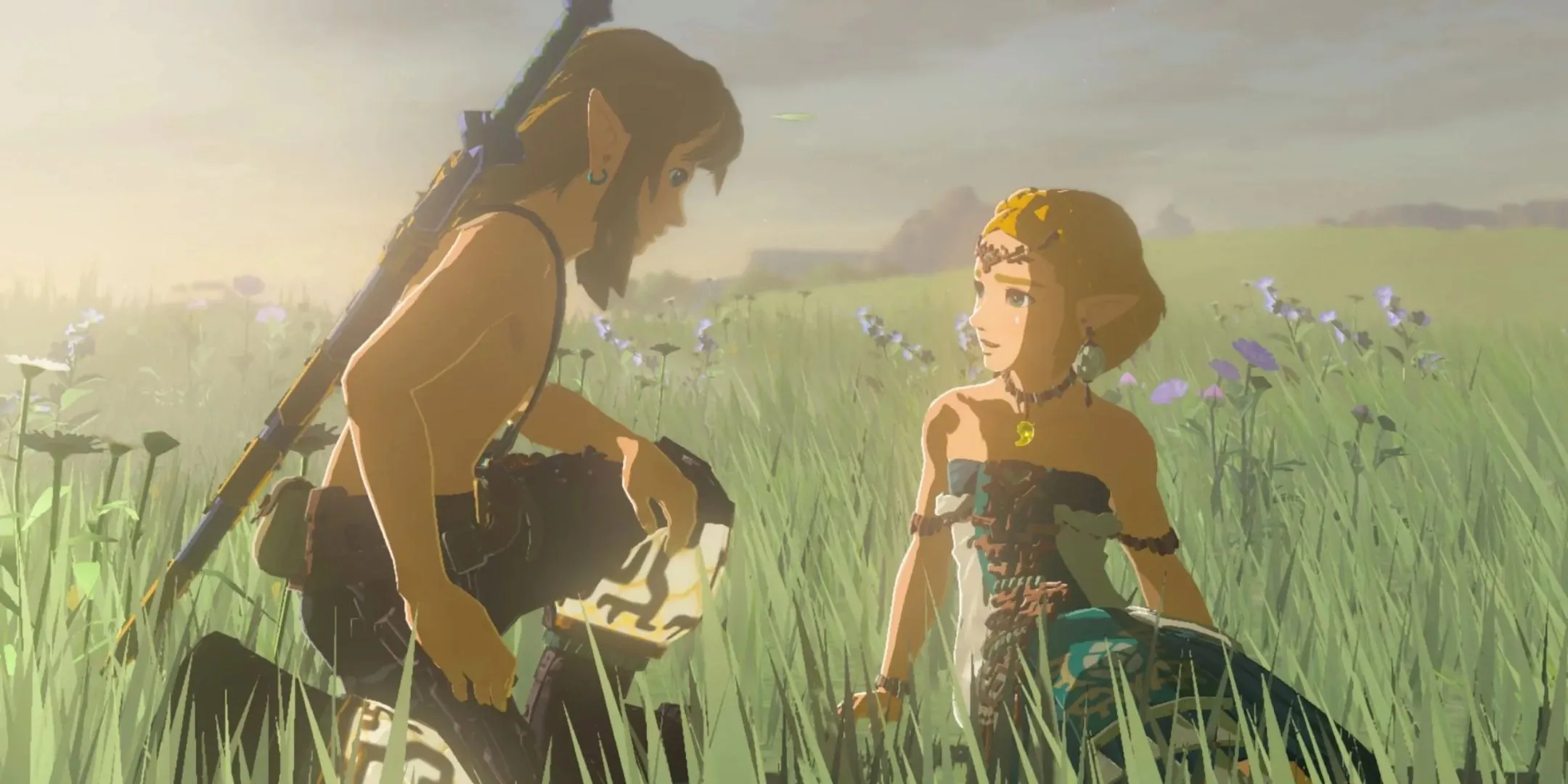 Link quỳ bên cạnh Zelda trong cánh đồng hoa trong Tears of the Kingdom