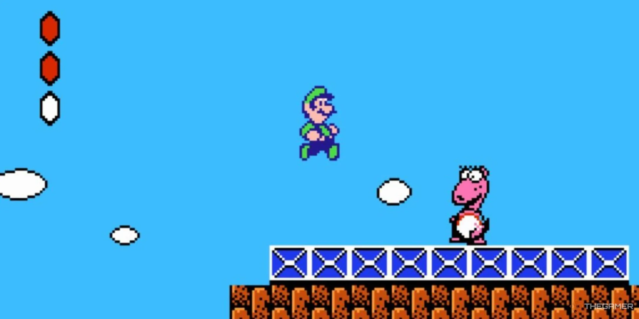 Luigi nhảy qua Birdo (Birdette) trong game Super Mario Bros 2, thể hiện lối chơi độc đáo.