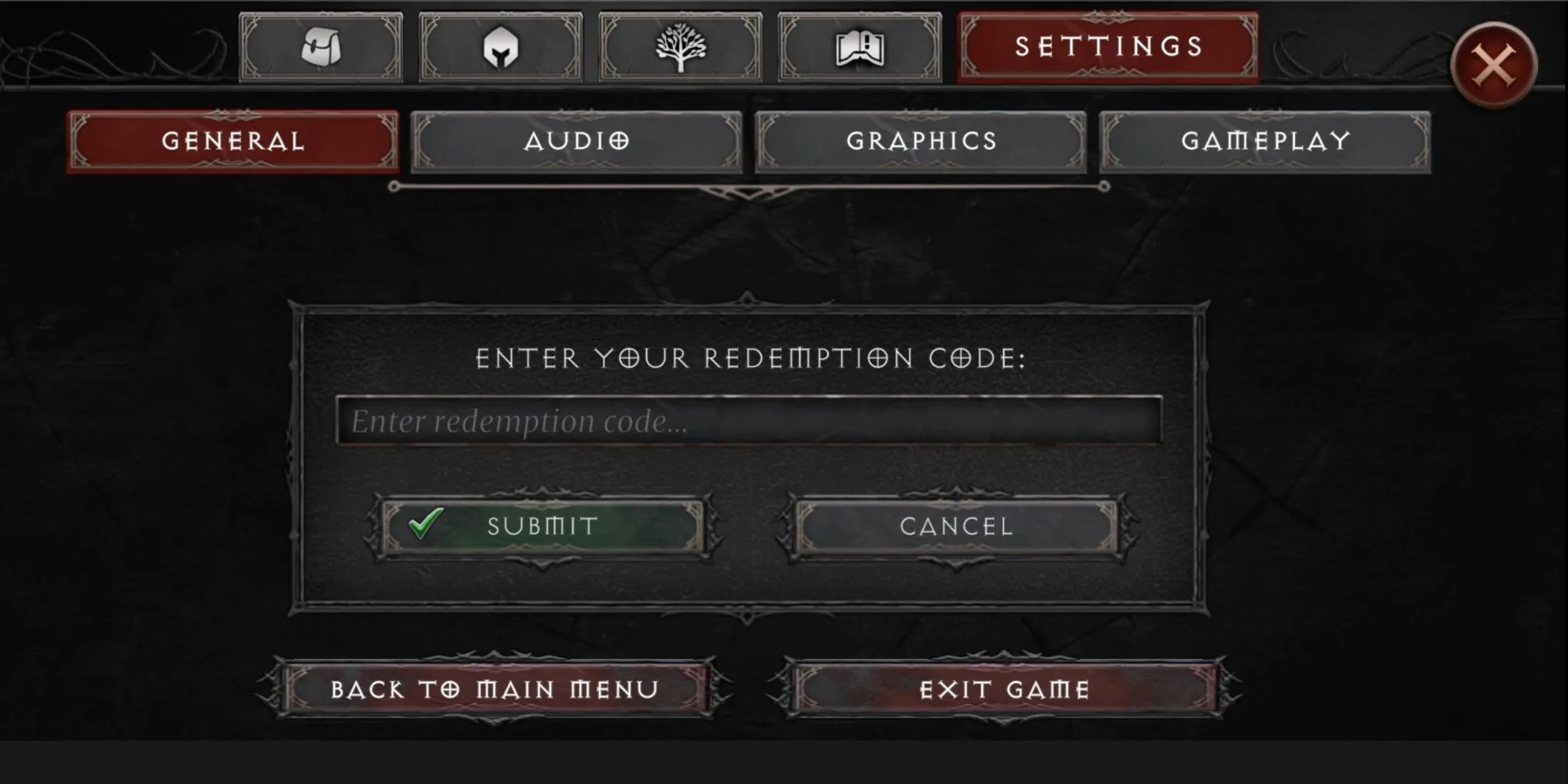 Màn hình cài đặt của Vampire's Fall 2 hiển thị tùy chọn đổi mã code