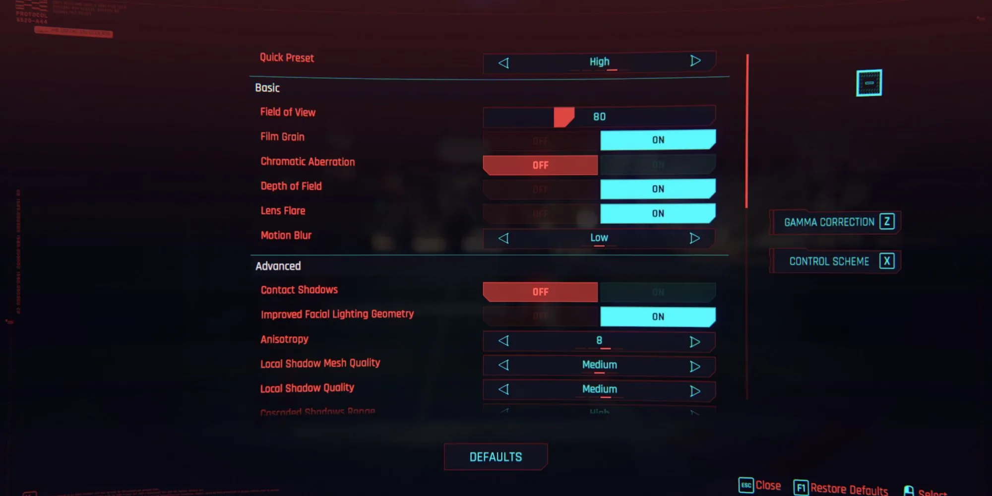 Màn hình cài đặt đồ họa chi tiết trong game Cyberpunk 2077, cho thấy sự phức tạp của các tùy chỉnh thiết lập game trên PC.