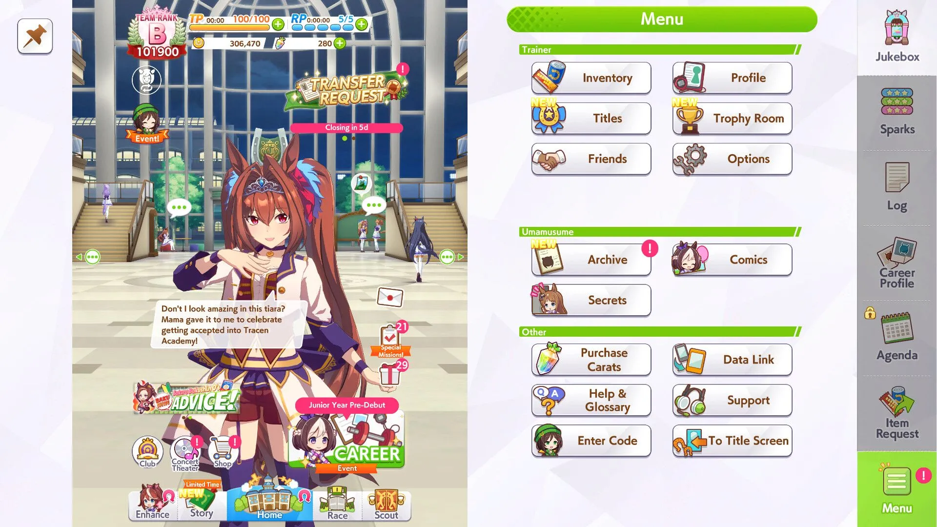 Màn hình menu chính trong game Umamusume Pretty Derby bản tiếng Anh