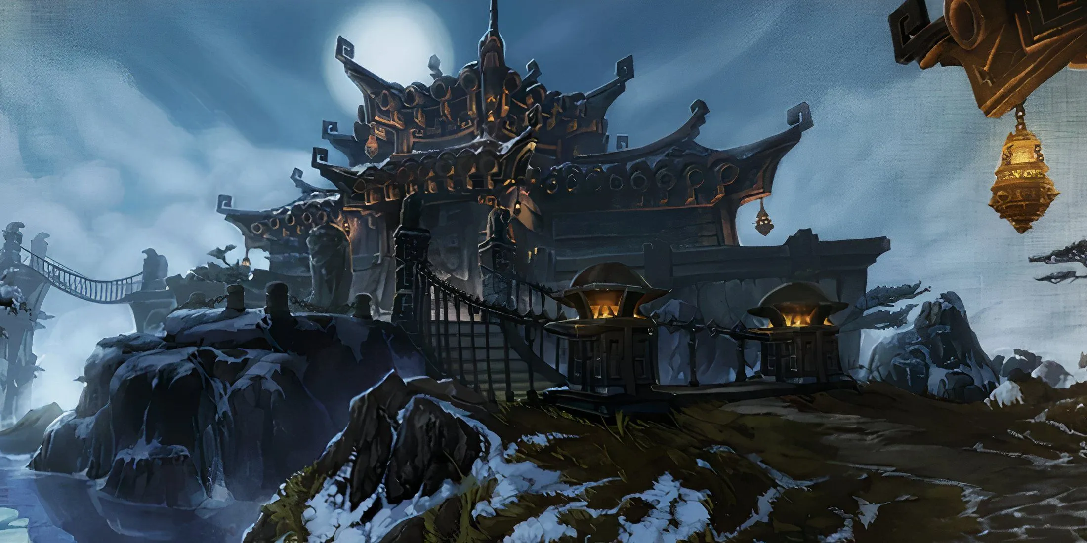 Màn hình tải game tu viện Shado-Pan, một pháo đài cô độc giữa đỉnh Kul'Tiras, nơi các chiến binh Shado-Pan rèn luyện để bảo vệ Pandaria khỏi hiểm họa.