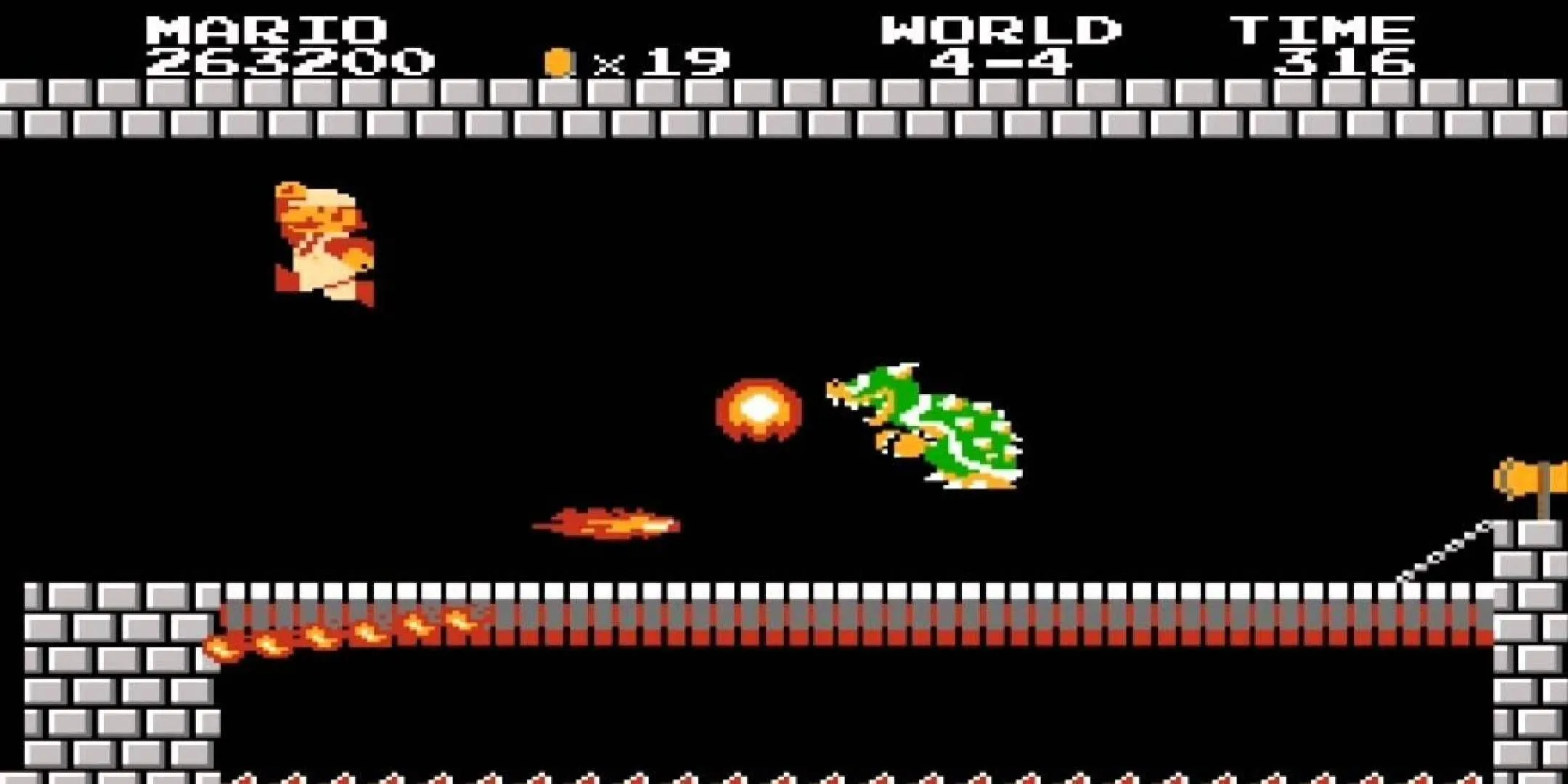 Mario đối đầu với Bowser trong màn chơi cuối cùng của Super Mario Bros bản NES.