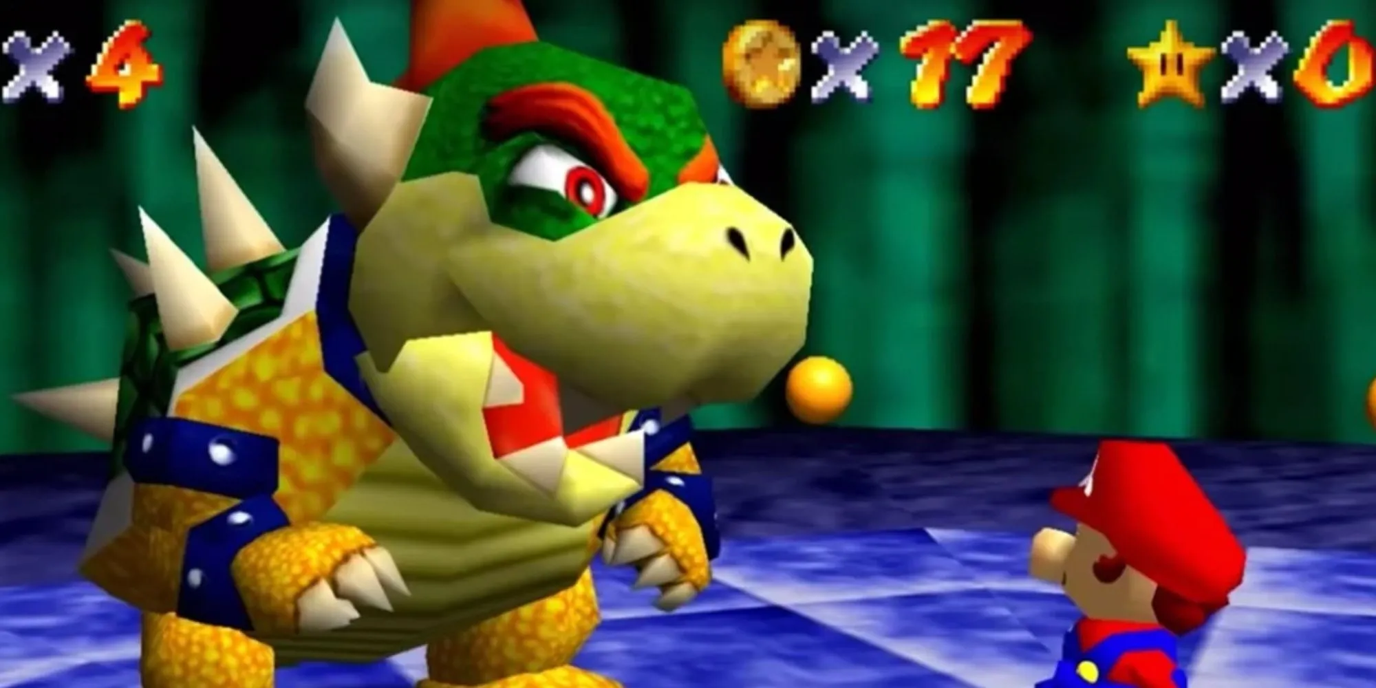 Mario đối mặt với Bowser trong trận chiến cuối cùng của Super Mario 64.