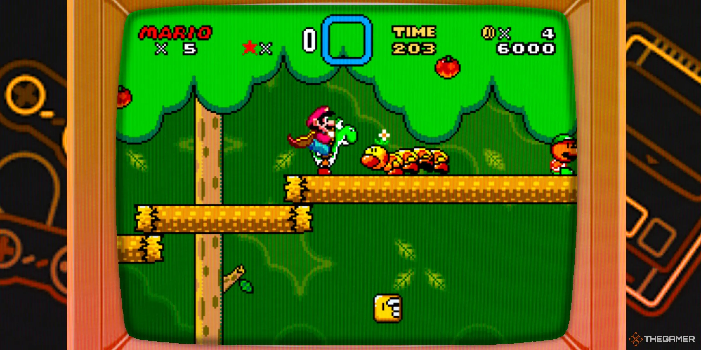 Mario dùng Lông Cape bay trên lưng Yoshi trong màn chơi rừng của Super Mario World, hiển thị trên TV CRT.