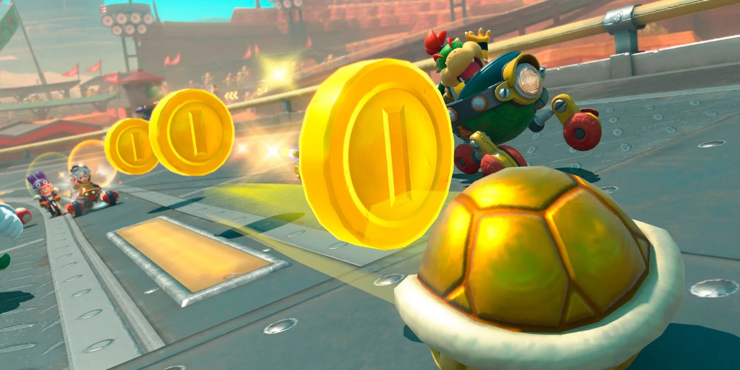 Mario ném Vỏ Xu (Coin Shell) về phía Bowser Jr. trên đường đua Mario Bros. Circuit trong Mario Kart World.