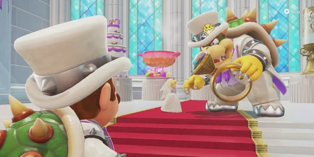 Mario nhìn về phía Bowser và Công chúa dường như đang làm đám cưới