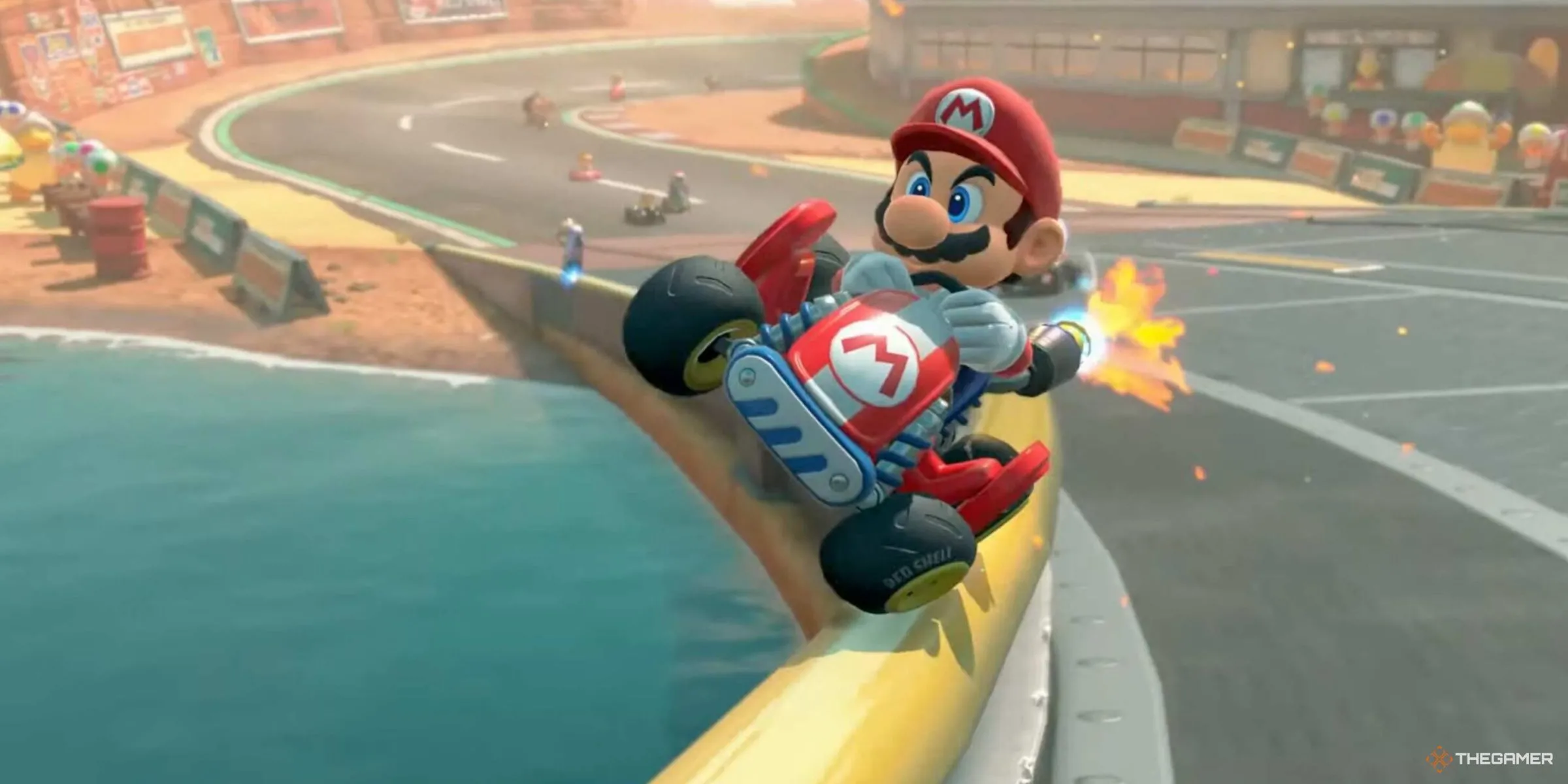 Mario thực hiện Ray Trượt (Rail Grind) quanh khúc cua trên đường đua Mario Bros. Circuit trong Mario Kart World.
