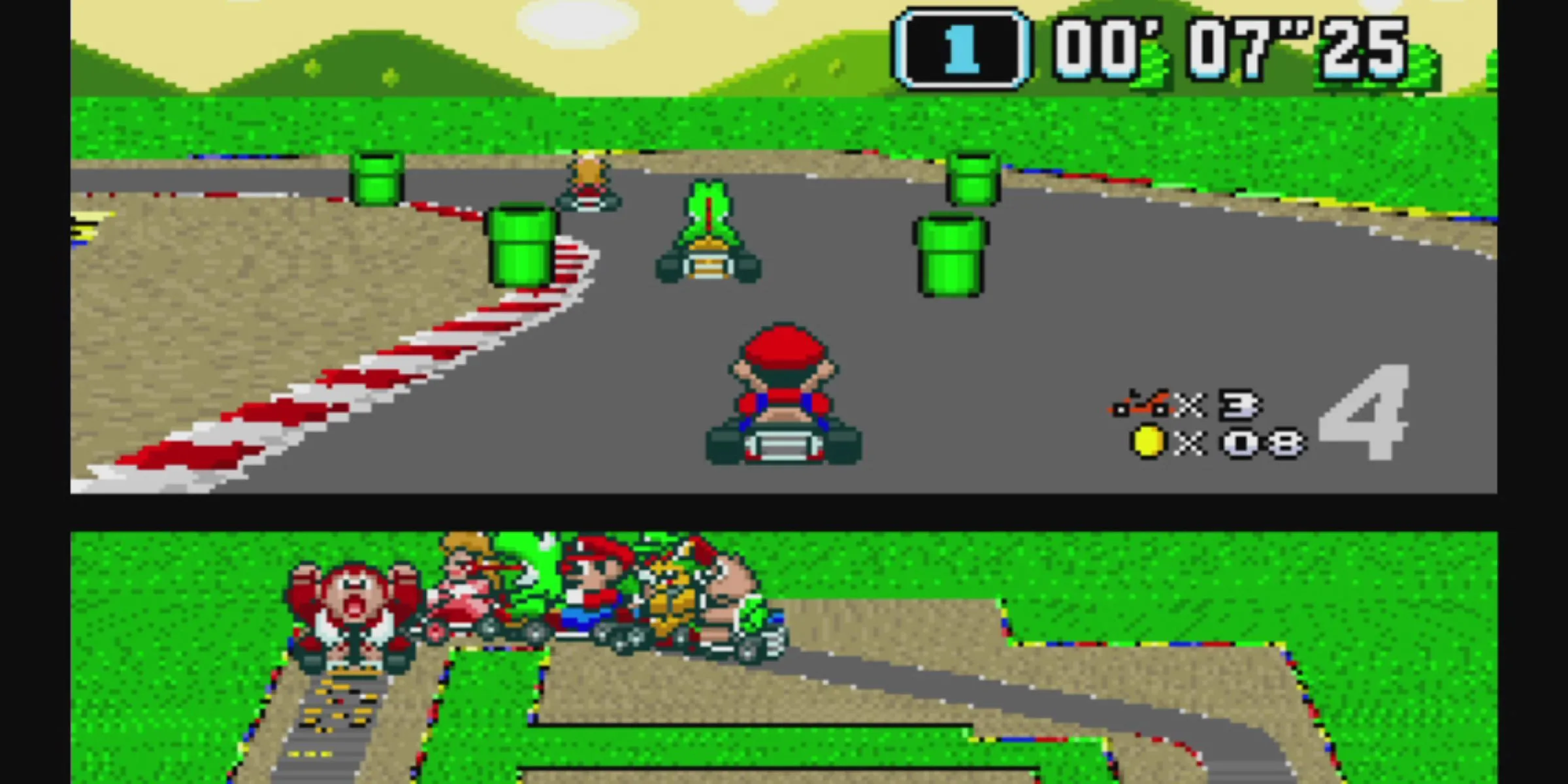 Mario, Yoshi và Peach đua trên đường Mario Circuit trong Super Mario Kart, mở đầu cho dòng game đua xe kinh điển.