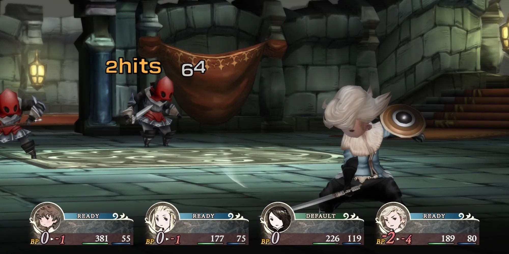 Minh họa giao diện game Bravely Default sau khi chuyển đổi sang màn hình đơn