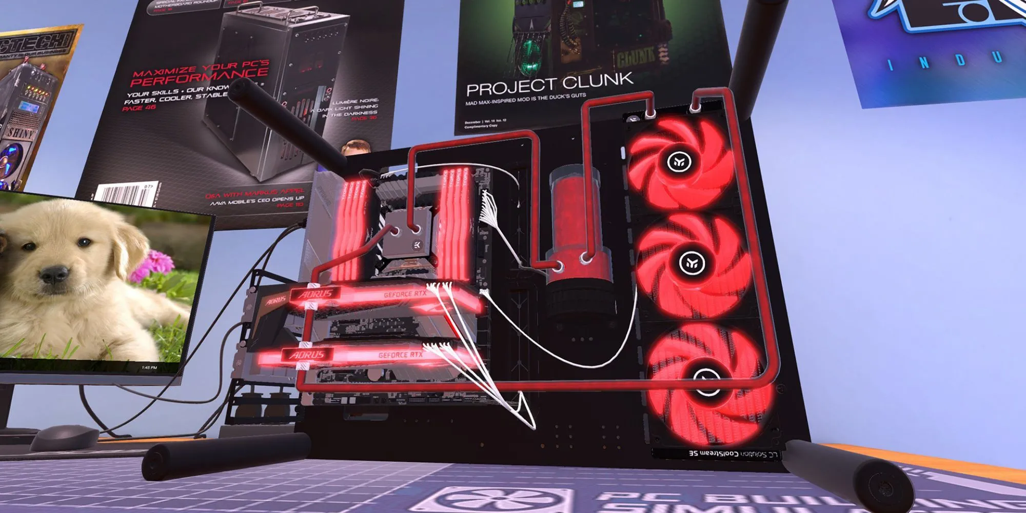 Mô phỏng lắp ráp PC với các linh kiện máy tính trên bàn, thể hiện sự phức tạp khi tự build PC gaming.
