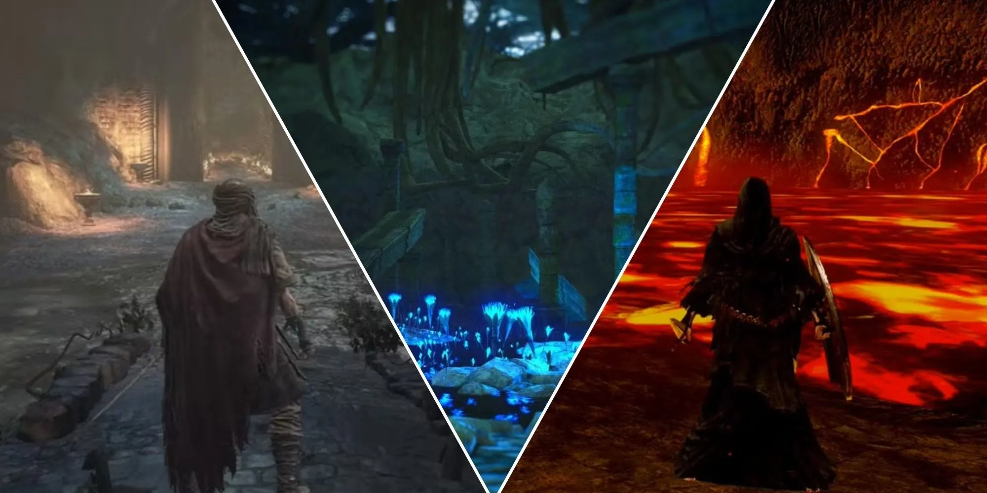 Mô tả một số khu vực gây khó chịu trong các game Soulsborne: Farron Keep (Dark Souls 3), Shrine of Amana (Dark Souls 2) và Lost Izalith (Dark Souls)