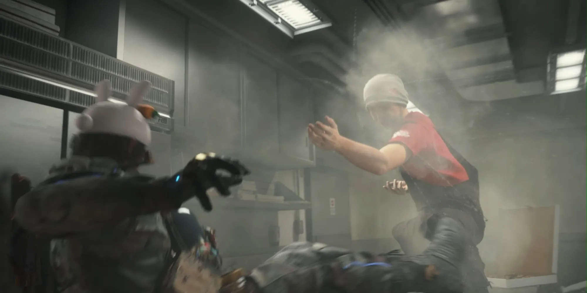 Một cảnh cắt cảnh hài hước hoặc bất ngờ trong Death Stranding 2, thể hiện sự độc đáo của Kojima.