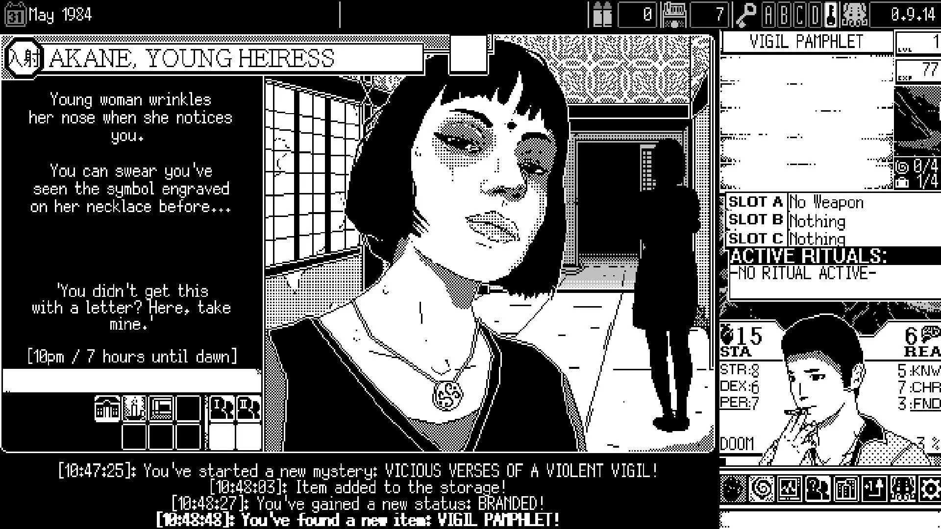 Một cảnh khám phá trong World of Horror, cho thấy sự u ám và bí ẩn của môi trường game