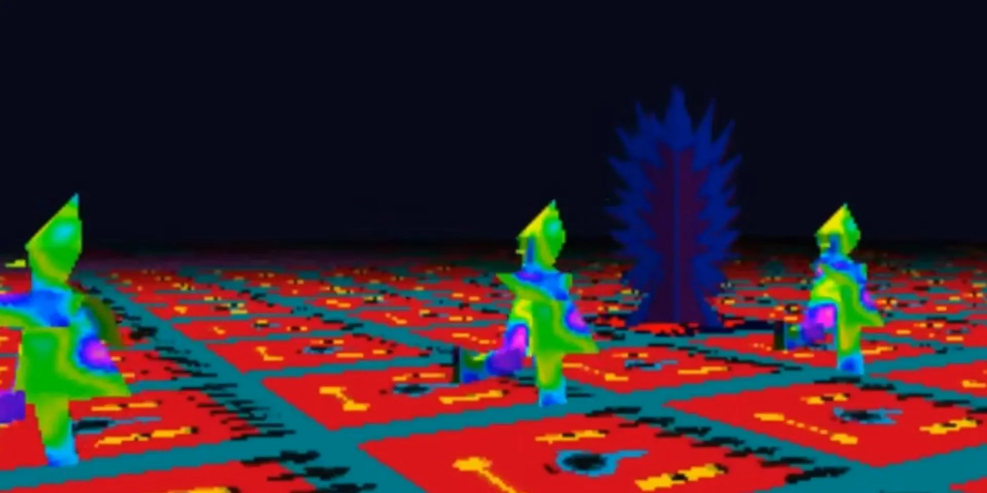 Một cảnh trong game LSD Dream Emulator với các hình thù kỳ lạ đang di chuyển