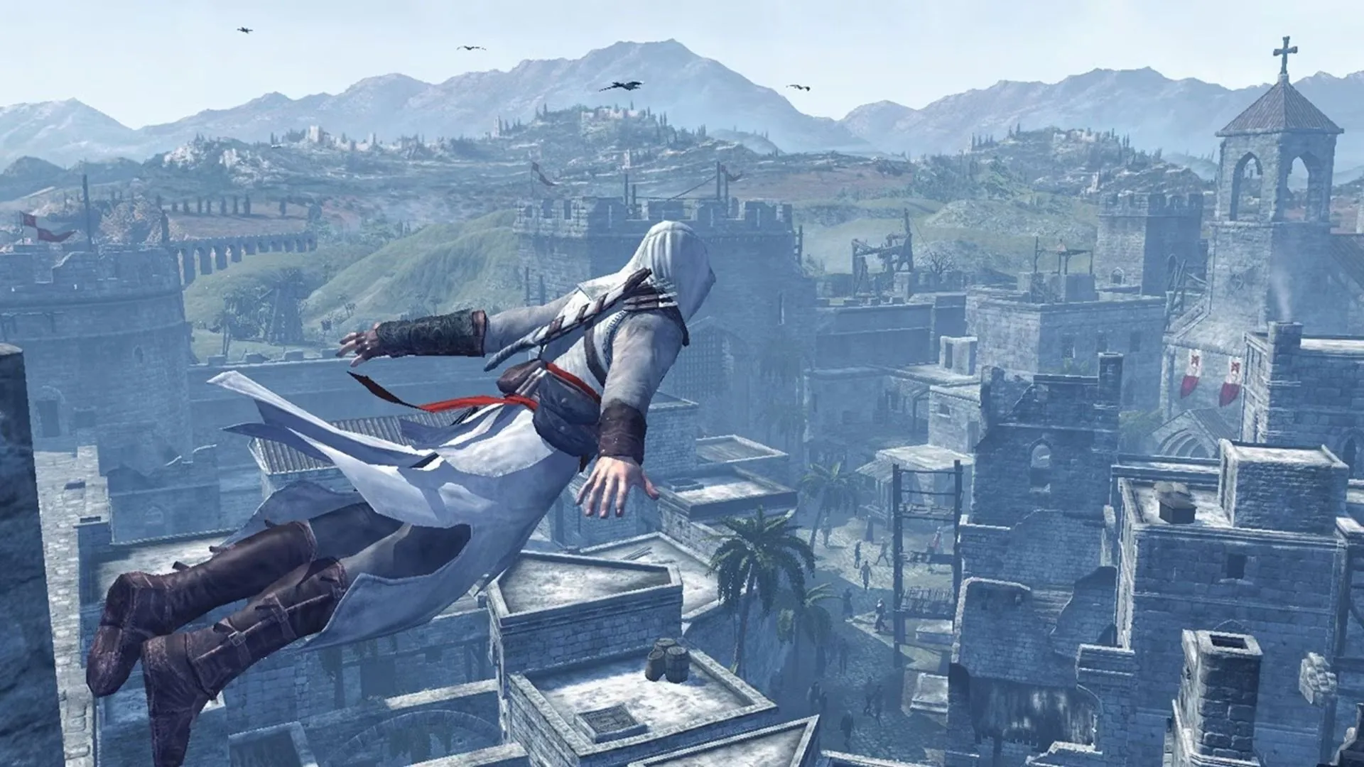 Một góc thành phố cổ kính trong Assassin's Creed, thể hiện môi trường leo trèo đa dạng