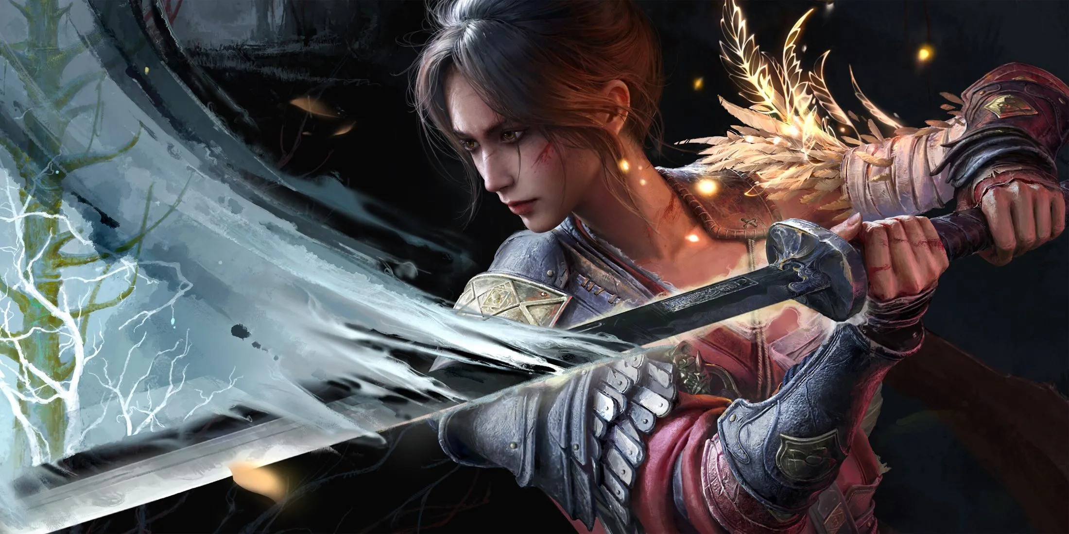 Một hình ảnh cận cảnh nhân vật chính của Wuchang: Fallen Feathers trong tư thế chiến đấu, nổi bật lên phong cách đồ họa nghệ thuật và không khí đen tối của game Soulslike.